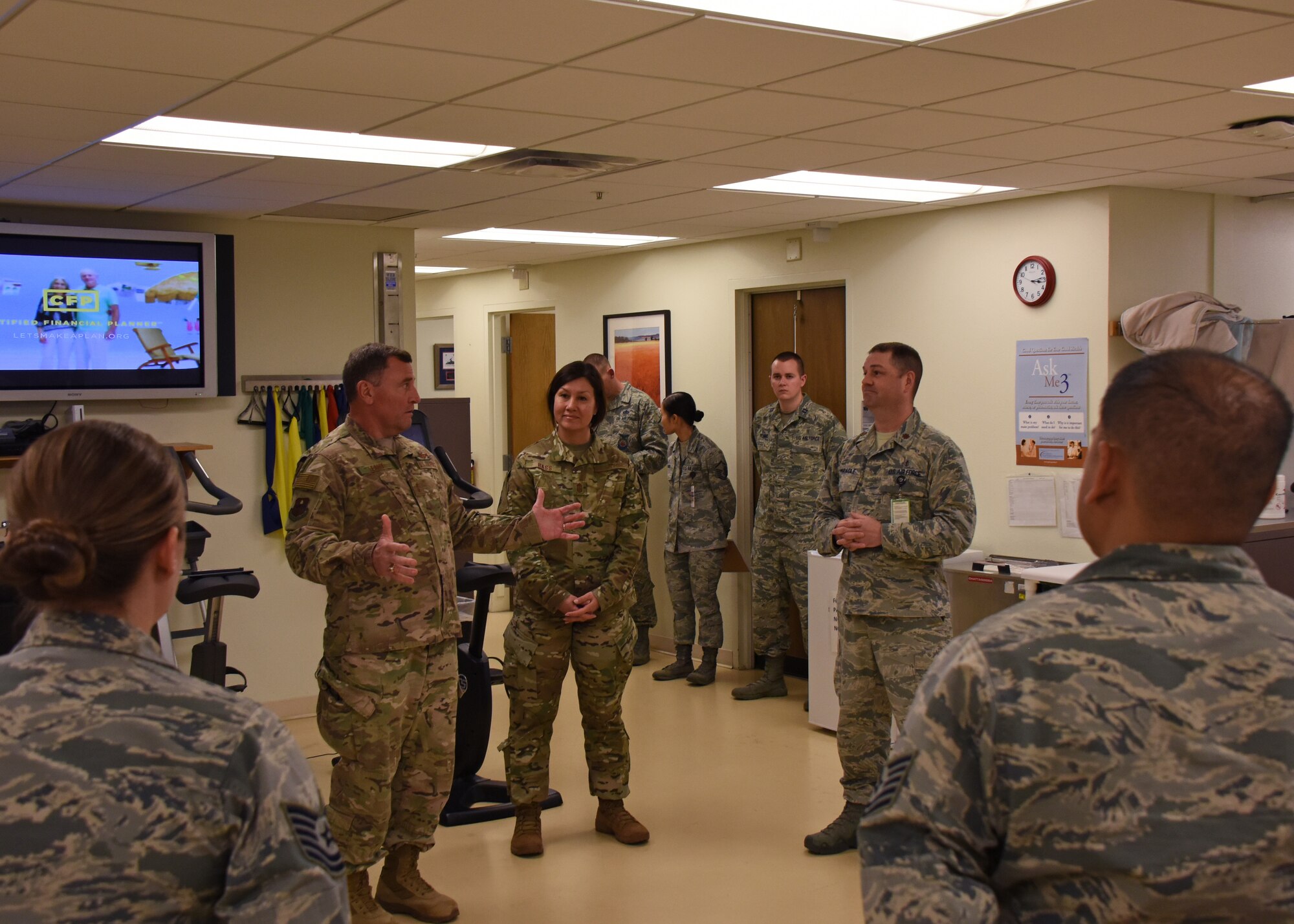 U.S. Air Force Maj. Gen. Timothy Leahy, 2nd Air Force commander, speaks to members of the 17th Medical Operations Squadron physical therapy team during his tour of Goodfellow Air Force Base, Texas, Feb. 19. During the discussion, Leahy spoke on the possibilities of technology assisting the physical therapists. (U.S. Air Force photo by Airman 1st Class Zachary Chapman/Released)