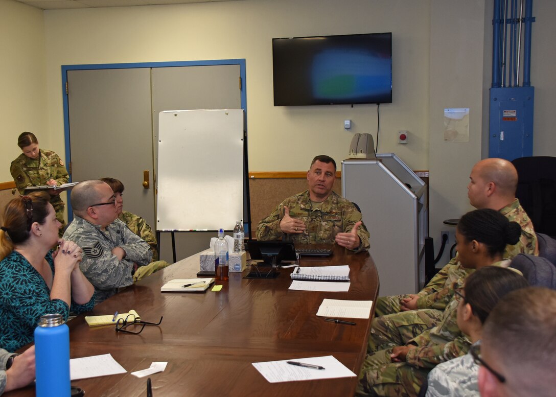 U.S. Air Force Maj. Gen. Timothy Leahy, 2nd Air Force commander, speaks to instructors during his tour of Goodfellow Air Force Base, Texas, Feb. 20. Students were the focus of Leahy’s conversation, and how to make sure they will be ready and able to take on the challenges of tomorrow. (U.S. Air Force photo by Airman 1st Class Zachary Chapman/Released)