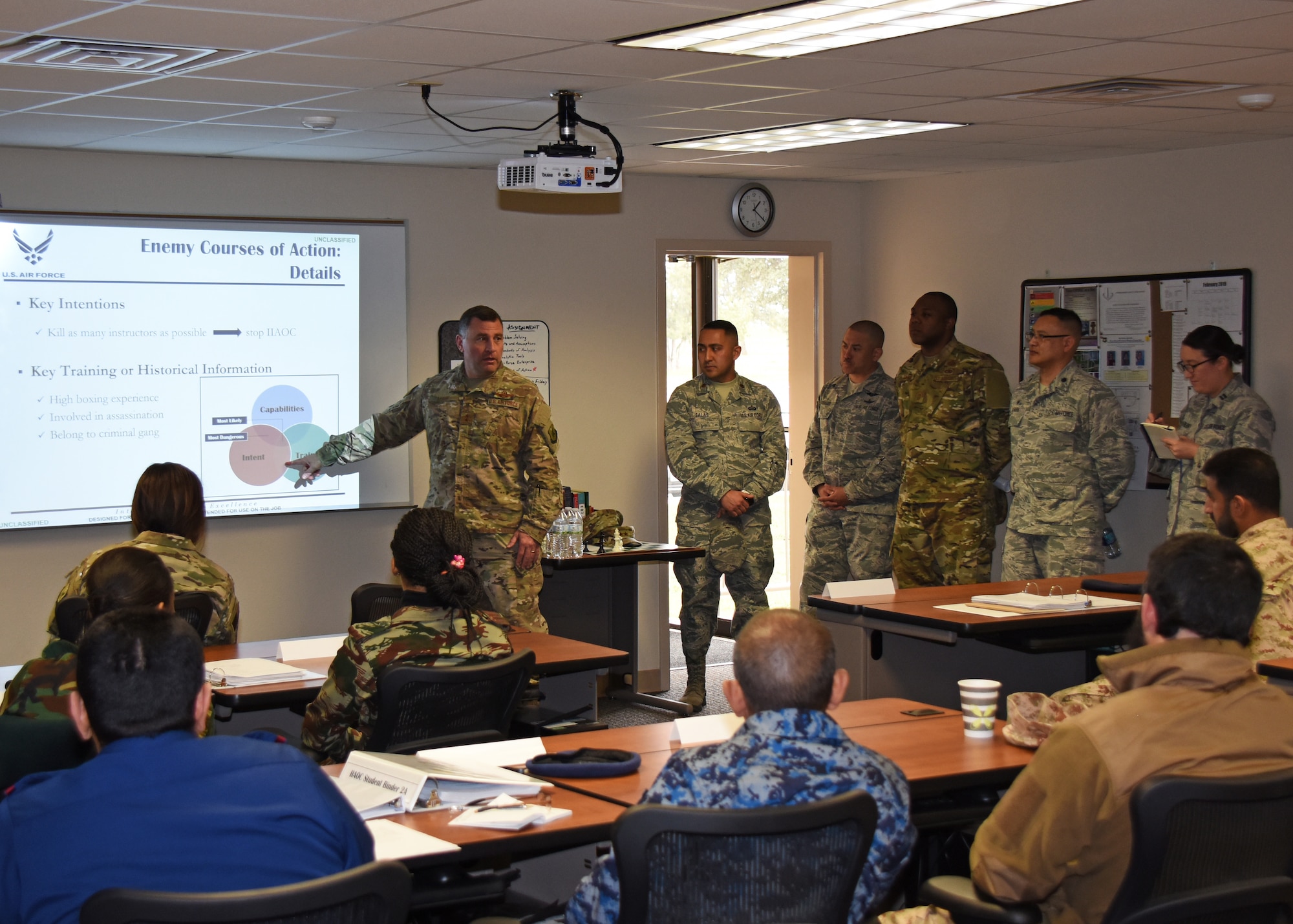 U.S. Air Force Maj. Gen. Timothy Leahy, 2nd Air Force commander, shares his experiences with international students during his tour of Goodfellow Air Force Base, Texas, Feb. 20. The international students allow Goodfellow Airmen to strengthen international alliances and learn from the varied backgrounds and perspectives of the students. (U.S. Air Force photo by Airman 1st Class Zachary Chapman/Released)