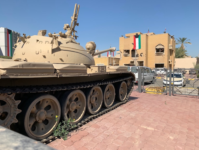 A tank sits on display outside of the Al-Qurain Martyrs Museum in Kuwait City Feb. 20, 2019. Soldiers with the Minnesota National Guard’s 34th Red Bull Infantry Division partnered with their Kuwaiti hosts to learn about the history of Saddam Hussein’s  invasion of Kuwait and the national and international response that liberated the nation. The Soldiers, currently deployed to the region as Task Force Spartan, visited the Al Qurain Marytr Museum to discover one story of a battle between local resistance fighters and the invading forces, and also visited a nearby military base where Kuwaiti soldiers walked through the broader picture of the conflict on an immense sand-table of the country.