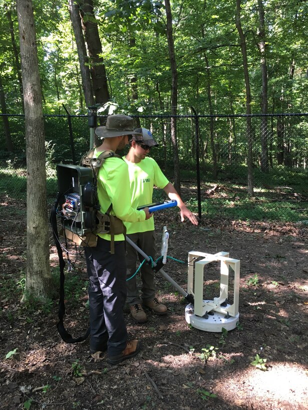 Crews use a Manned Portable Vector to classify buried metallic anomalies during geophysical surveying efforts along Dalecarlia Parkway in the Spring Valley Formerly Used Defense Site September 6, 2018 as part of the Site-Wide Remedial Action approved for the FUDS. The surveying is part of an effort to identify metallic anomalies below the surface that could be munitions left in the ground as a result of military activity in the area during World War I. The MPV equipment helps determine whether buried metallic anomalies are munitions items that may potentially be hazardous or cultural debris that do not need to be removed.