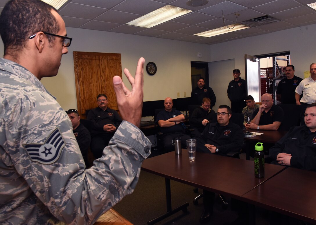 U.S. Air Force Staff Sgt. Layne Jackson, 17th Training Wing Equal Opportunity advisor, promotes respect, awareness, and positive human relations to military and civilian employees at the Goodfellow Fire Department, on Goodfellow Air Force Base, Texas, Feb. 20, 2019. Jackson briefed them as a part of the department’s annual EO education and training. (U.S. Air Force Photo by Airman 1st Class Abbey Rieves/Released)