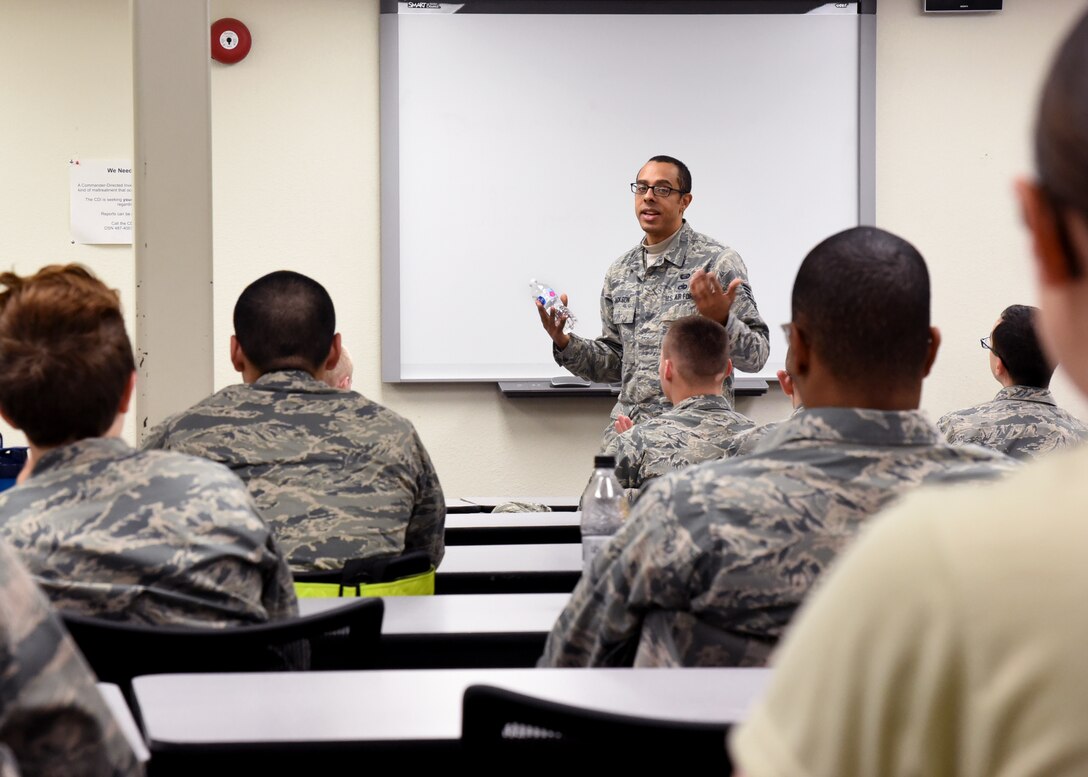 U.S. Air Force Staff Sgt. Layne Jackson, 17th Training Wing Equal Opportunity advisor, opens the floor for discussion while briefing at the 316th Training Squadron’s Casual Airman Development and Training course inside the Military Training Leaders building on Goodfellow Air Force Base, Texas, Feb. 22, 2019. Jackson spoke with CADT organizers to coordinate EO’s non-mandatory participation at the event. (U.S. Air Force Photo by Airman 1st Class Abbey Rieves/Released)