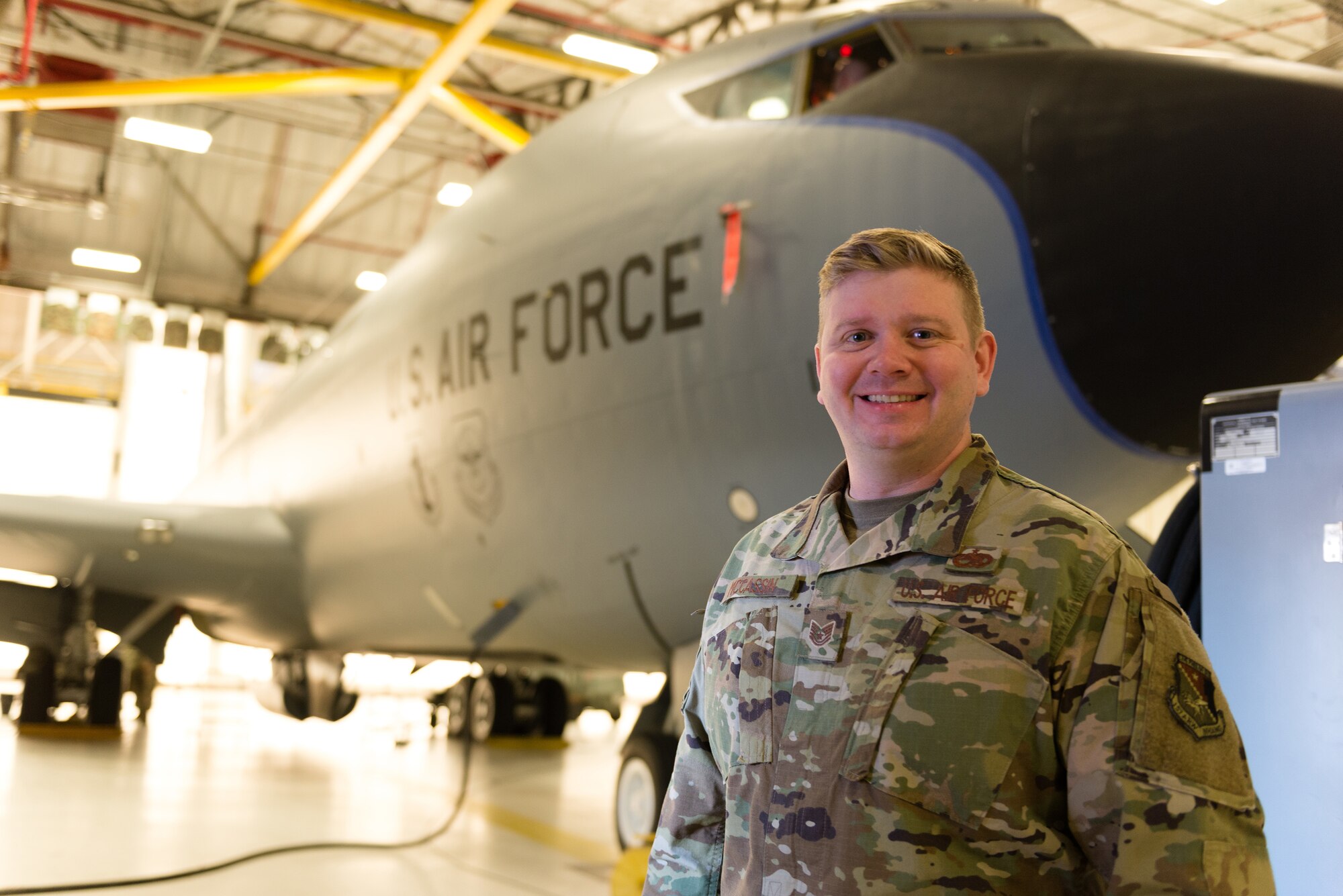 U.S. Air Force Tech. Sgt. Mark McCassin, assigned to the 157th Maintenance Squadron, New Hampshire Air National Guard, stands in front of a KC-135R Stratotanker, Jan. 31, 2019, at Pease Air National Guard Base, N.H. McCassin is the crew chief assigned to tanker serial number 57-1419, the oldest aircraft in the U.S. Air Force inventory.