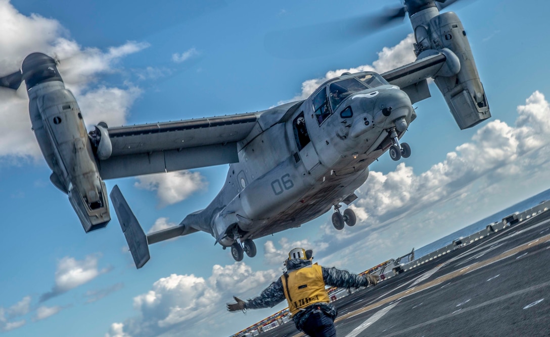 An MV-22 Osprey with Marine Medium Tiltrotor Squadron 163 (Reinforced), 11th Marine Expeditionary Unit, takes off during flight operations aboard the amphibious assault ship USS Boxer. The Marines and Sailors of the 11th MEU are conducting routine training as part of the Boxer Amphibious Ready Group in the eastern Pacific Ocean.