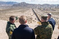 Acting Secretary of Defense Patrick Shanahan, and Marine Corps Gen. Joe Dunford, chairman of the Joint Chiefs of Staff, tour a section of the US-Mexico border at Santa Teresa Station in Sunland Park, New Mexico, Feb. 23, 2019.