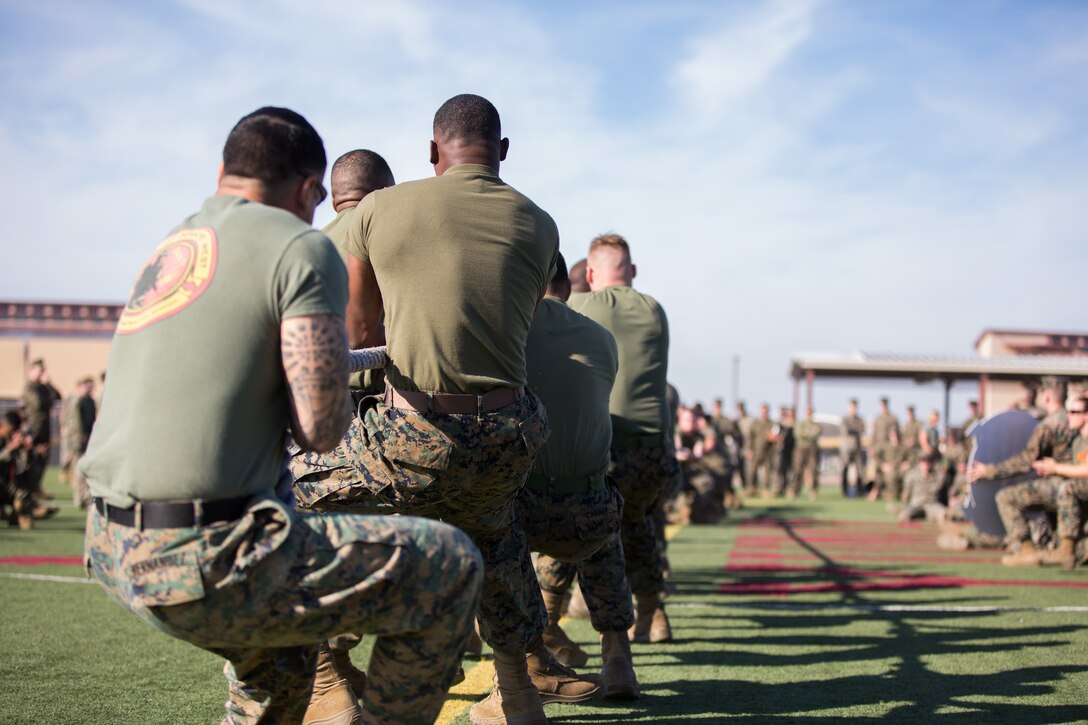 U.S. Marines stationed at Marine Corps Air Station (MCAS) Yuma, participate in the Tug-O-War event as part of the 3rd Annual Super Squadron at the MCAS Yuma Memorial Sports Complex January 11, 2019. The Super Squadron is a friendly competition between the various units on station, designed to help strengthen teamwork as well as boost station morale. Marine Air Control Squadron (MACS) 1 won the competition for the 3rd year in a row, with Headquarters & Headquarters Squadron (H&HS) coming in second. (U.S. Marine Corps photo by Cpl. Sabrina Candiaflores)