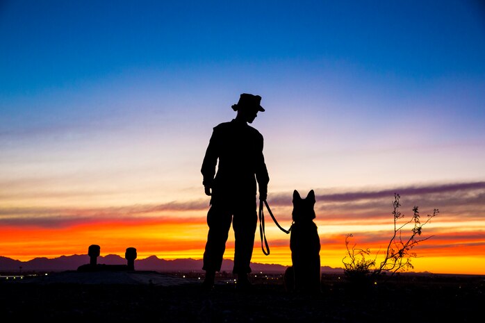 U.S. Marine Corps Sgt. Jenna L. Cauble, dog handler, with the Provost Marshall's Office, K9 Section, Headquarters and Headquarters Squadron, Marine Corps Air Station (MCAS) Yuma, poses for a silhouette photograph with her Military Working Dog (MWD) on MCAS Yuma, Jan. 18, 2019. MWD's are trained to subdue or intimidate suspects before having to use lethal force; they are also used for detecting explosives, narcotics, and other harmful materials. (U.S. Marine Corps photo by Sgt. Allison Lotz)