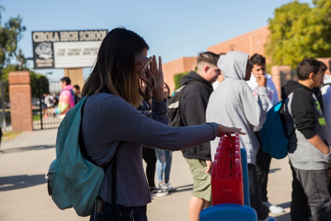 U.S. Marines stationed at Marine Corps Air Station (MCAS) Yuma and personnel from MCAS Yuma interact with high school students and speak about the risks of drugs and alcohol at Cibola High School in Yuma, Ariz., Jan. 22, 2019. The Marines and personnel used games and "beer goggles" to demonstrate the affects of alcohol and drugs. (U.S. Marine Corps photo by Cpl. Sabrina Candiaflores)