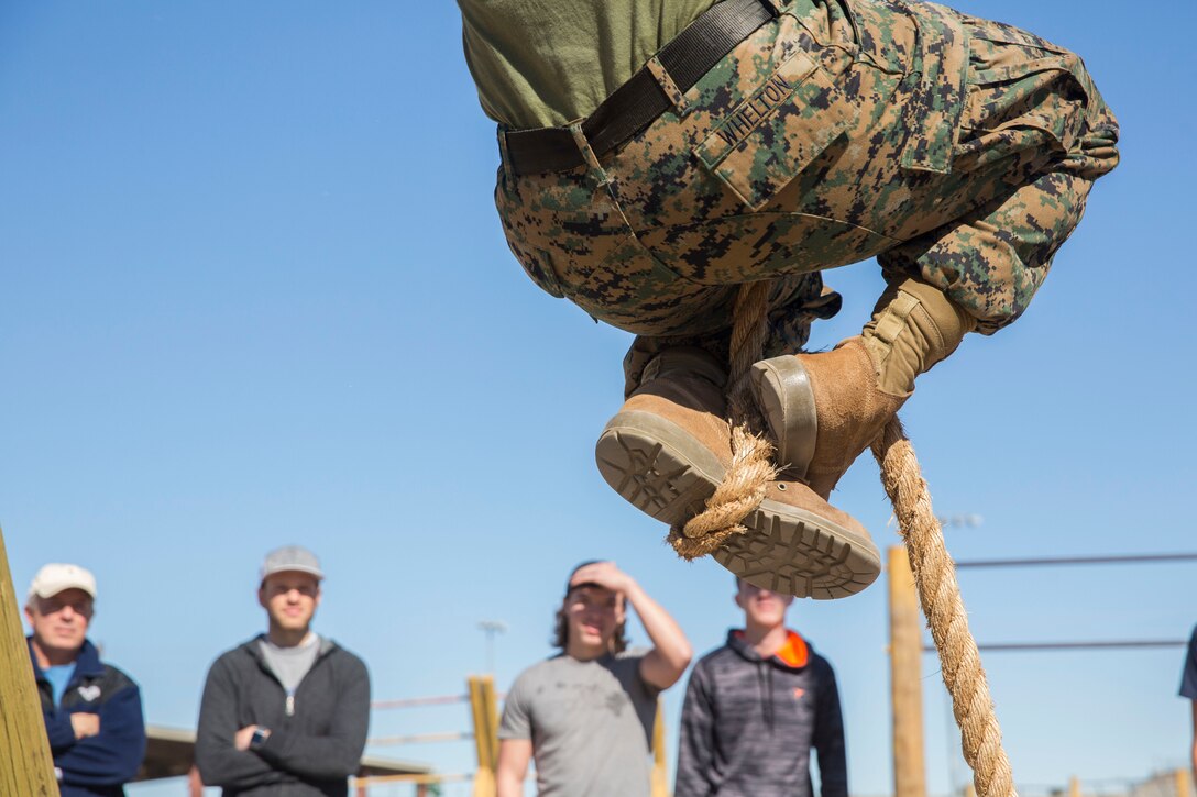 The Young Marines and Boy Scouts from Kingman, Ariz., visited Marine Corps Air Station (MCAS) Yuma Feb. 8, 2019. U.S. Marines stationed at MCAS Yuma demonstrated Explosive Ordnance Disposal (EOD) capabilities, Marine Corps Martial Arts Program (MCMAP) techniques, the Obstacle Course, and the Combat Fitness Test (CFT). The Young Marines and Boy Scouts also participated in some of these events. (U.S. Marine Corps photo by Cpl. Sabrina Candiaflores)