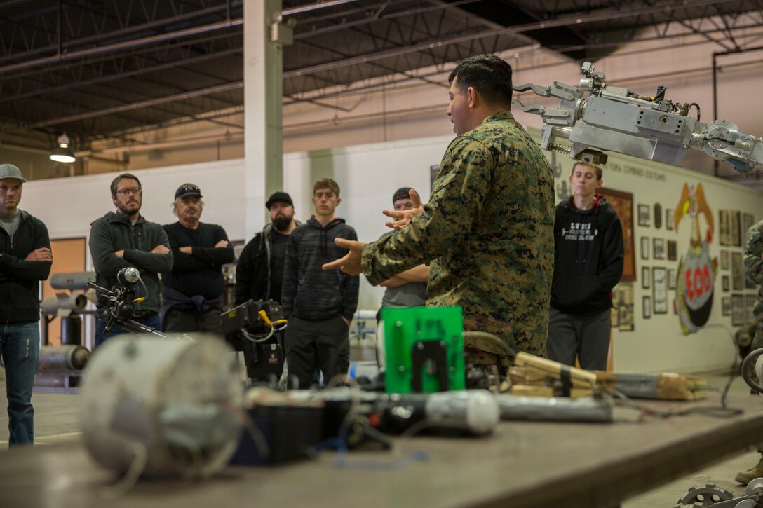 The Young Marines and Boy Scouts from Kingman, Ariz., visited Marine Corps Air Station (MCAS) Yuma Feb. 8, 2019. U.S. Marines stationed at MCAS Yuma demonstrated Explosive Ordnance Disposal (EOD) capabilities, Marine Corps Martial Arts Program (MCMAP) techniques, the Obstacle Course, and the Combat Fitness Test (CFT). The Young Marines and Boy Scouts also participated in some of these events. (U.S. Marine Corps photo by Cpl. Sabrina Candiaflores)
