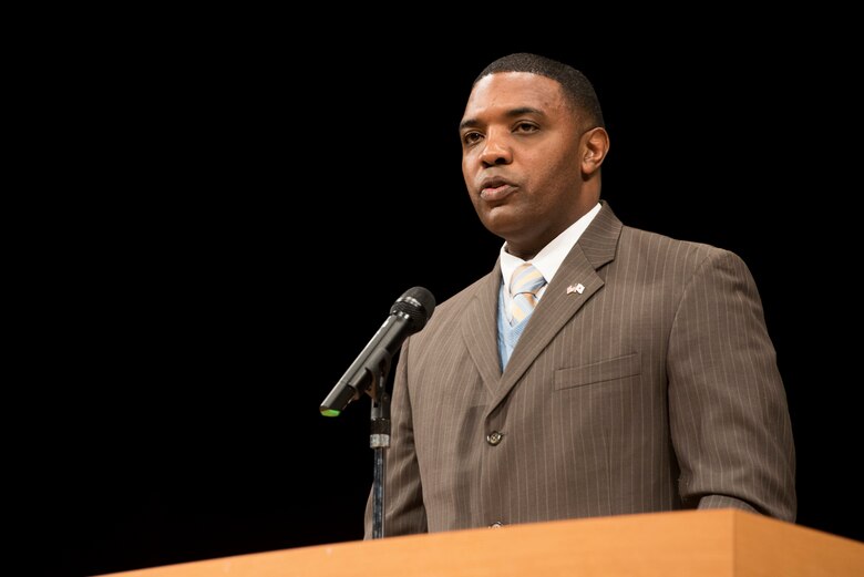 Col. Otis C. Jones, 374th Airlift Wing commander, addresses the audience prior to the Japan-U.S. Joint Concert Feb. 24, 2019, at the Hamura Learning Center in Hamura, Tokyo, Japan. This year marks the 11th annual Japan-U.S. Joint Concert event organized by the North Kanto Defense Bureau Ministry of Defense and acts as an avenue in strengthening the partnerships and alliances between Yokota Air Base and the local communities. (U.S. Air Force photo by Senior Airman Donald Hudson)