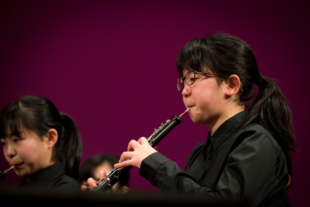 A member of the Hamura Daiichi Jr. High School band performs during the Japan-U.S. Joint Concert Feb. 24, 2019, at the Hamura Learning Center in Hamura, Tokyo, Japan. The purpose of the joint concert was to strengthen friendships and partnerships with the local communities. (U.S. Air Force photo by Senior Airman Donald Hudson)