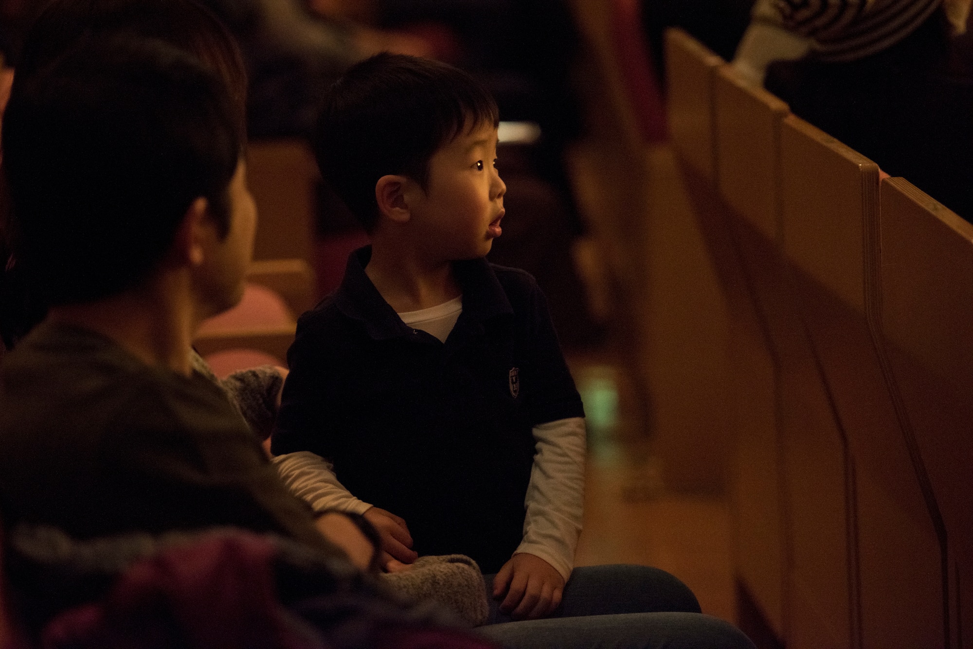 A young concert goer watches the performance during the Japan-U.S. Joint Concert Feb. 24, 2019, at the Hamura Learning Center in Hamura, Tokyo, Japan. The concert included various jazz, big band, and orchestra performance numbers by the USAF Band of the Pacific and the Hamura Daiichi Jr. High School Band. (U.S. Air Force photo by Senior Airman Donald Hudson)