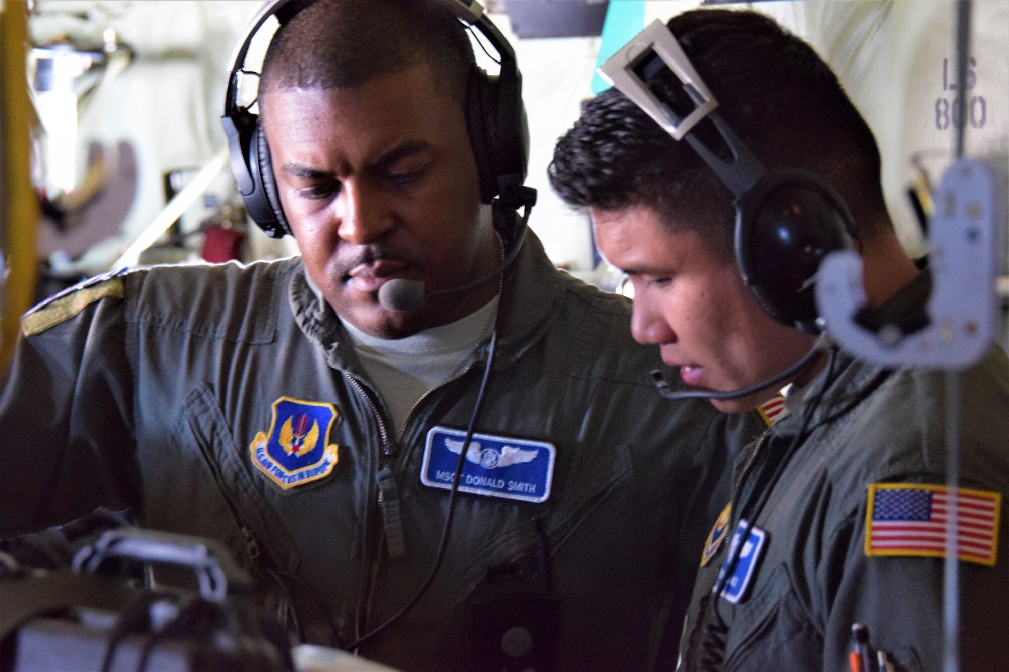 U.S. Air Force Master Sgt. Donald Smith, left, and Staff Sgt. Ryan Gomez, aeromedical evacuation technicians assigned to the 86th Aeromedical Evacuation Squadron, Ramstein Air Base, Germany, participate in an aeromedical readiness mission to Tallinn, Estonia, Feb. 23, 2019. The mission enabled training for semi-annual professional requirements and student upgrades, and simulated the challenges of logistics, alerting procedures, and storing and charging medical equipment at an unfamiliar location. (U.S. Air Force photo by 1st Lt. Andrew Layton)
