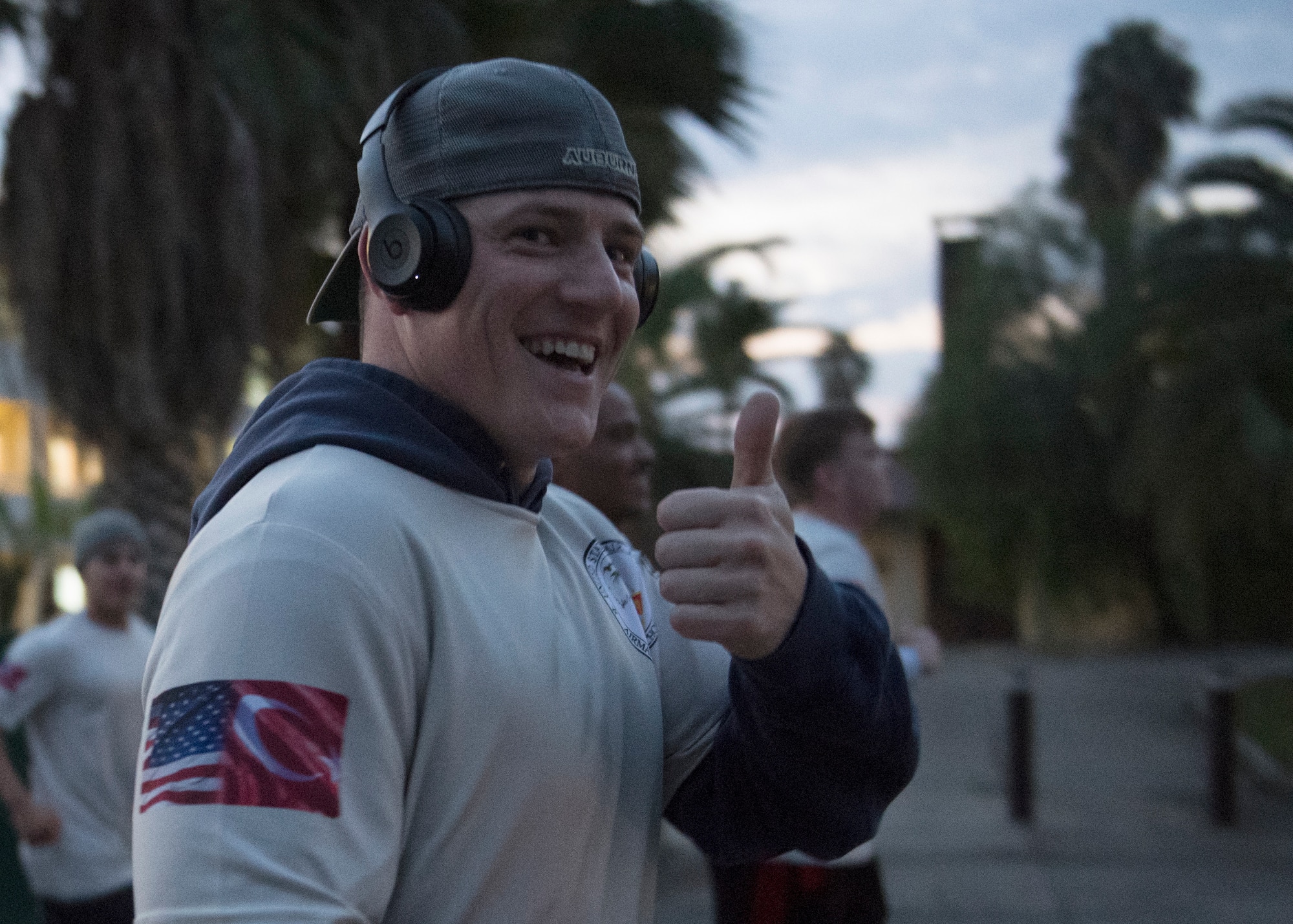 U.S. Air Force Tech. Sgt. Kurtis Harrison, 39th Force Support Squadron Airman Leadership School instructor, gives a thumbs-up during the Four Chaplains’ Run Feb. 22, 2019, at Incirlik Air Base, Turkey.