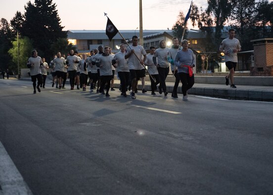 U.S. Air Force Chief Master Sgt. Sherrie Lewis, 39th Mission Support Group superintendent, leads Airman Leadership School Class 19-C during the Four Chaplains’ Run Feb. 22, 2019, at Incirlik Air Base, Turkey.