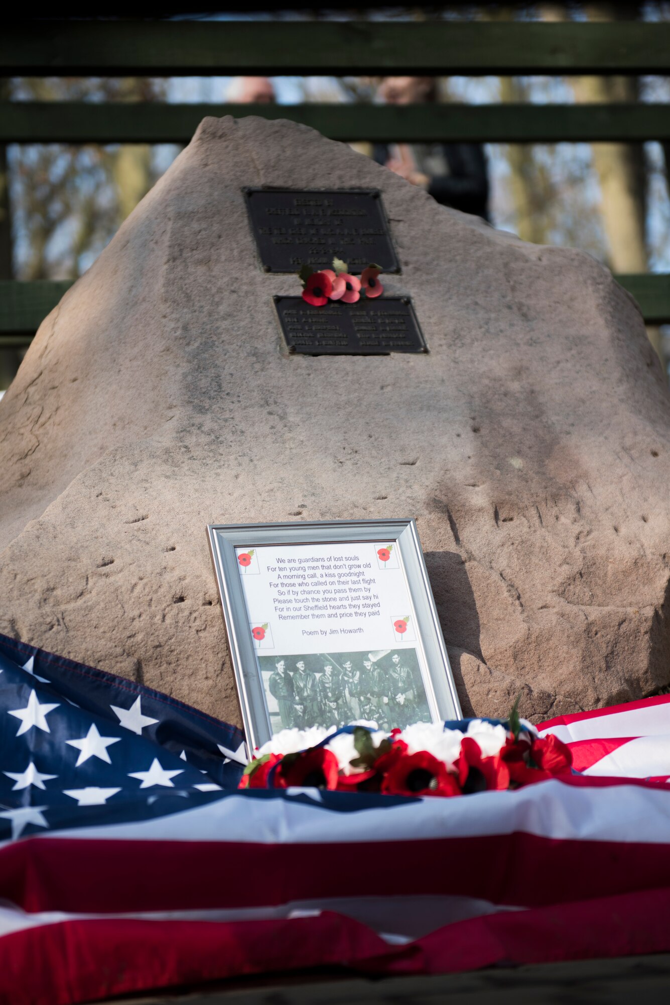 This memorial to the crew of the Mi Amigo rests in Endliffe Park, Sheffield, United Kingdom, where it has been tended by Mr. Tony Foulds for over 60 years. This year’s annual memorial service was accompanied by a United States Air Force and Royal Air Force flypast in Endcliffe Park two days prior, where thousands of U.K. residents honored the memory of ten fallen U.S. Airmen who died when their war-crippled B-17 Flying Fortress crash landed to avoid killing residents and nearby children. (U.S. Air Force photo by Tech Sgt. Aaron Thomasson)