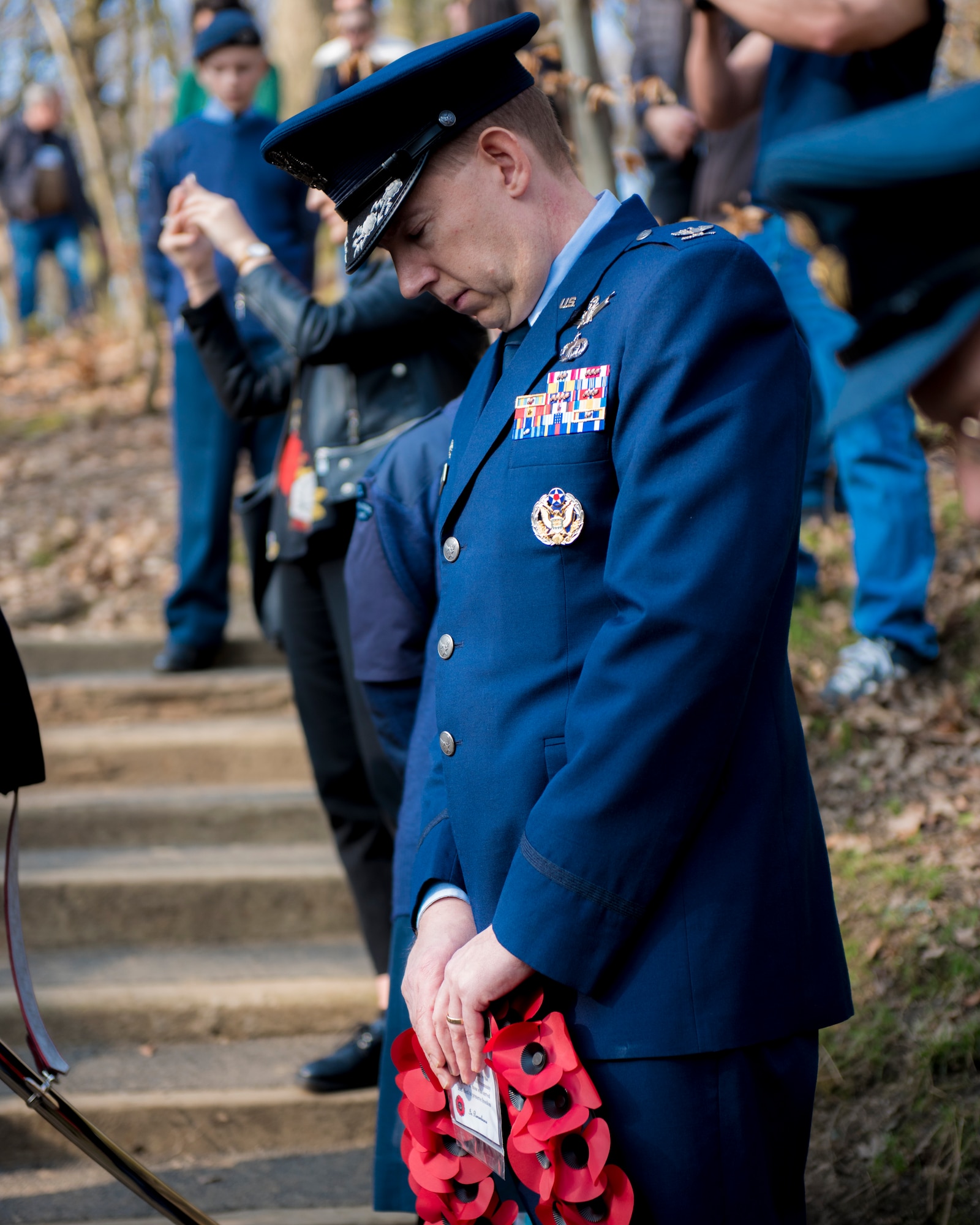 U.S. Air Force Colonel James Smith, RAF Menwith Hill Air Force Element Commander, prepares to lay a wreath in honor of the Mi Amigo crewmen at Sheffield, United Kingdom, February 24th, 2019. This year’s annual memorial service was accompanied by a United States Air Force and Royal Air Force flypast in Endcliffe Park two days prior, where thousands of U.K. residents honored the memory of ten fallen U.S. Airmen who died when their war-crippled B-17 Flying Fortress crash landed to avoid killing residents and nearby children. (U.S. Air Force photo by Tech Sgt. Aaron Thomasson)