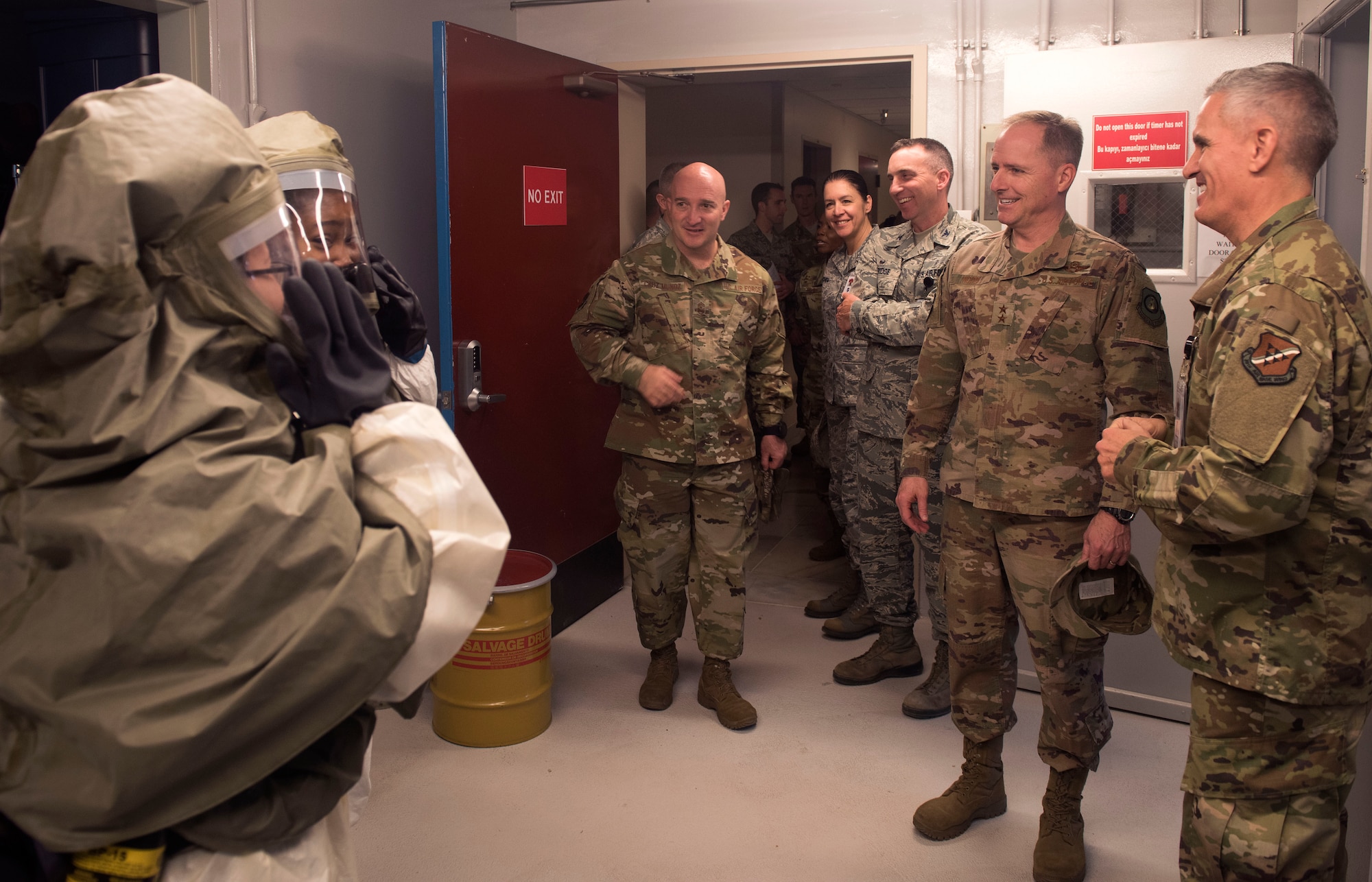 Airmen from the 39th Medical Group demonstrate decontamination suits and procedures during a familiarization briefing with U.S. Air Force Maj. Gen. John M. Wood, Third Air Force commander, at Incirlik Air Base, Turkey, Feb. 22, 2019.