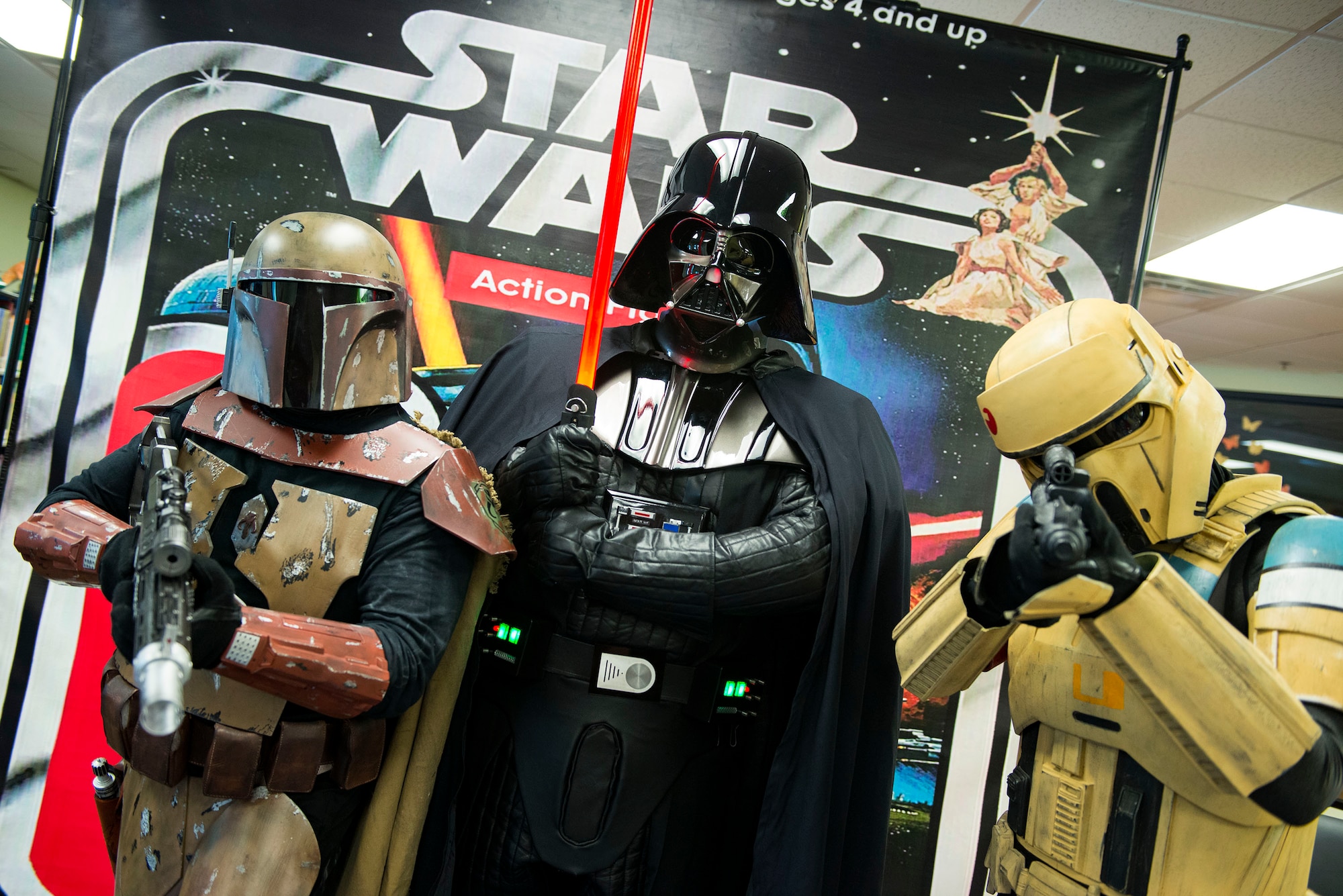 Cosplayers pose for a photo during Cub Con II, a multi-genre entertainment convention, Feb. 23, 2019, at Moody Air Force Base, Ga. At the convention, guests were able to participate in board and card games, a video game tournament and a “Star Wars” panel. The event served as an opportunity to give Team Moody a chance to experience the anime and comic book culture. (U.S. Air Force photo by Airman 1st Class Erick Requadt)