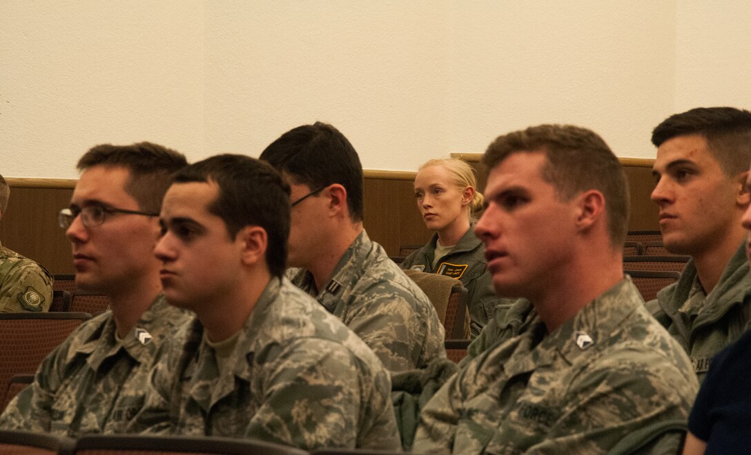 Cadet Leah Johnke listens to Maj. Gen. Stoss speak to cadets at Air Force Reserve Officer Training Corps Detachment 940, at the University of Wyoming in Laramie, Wyo., Feb. 13 2019. Johnke is a senior studying at the University of Wyoming and is set to become a missile operator upon commissioning later this year.