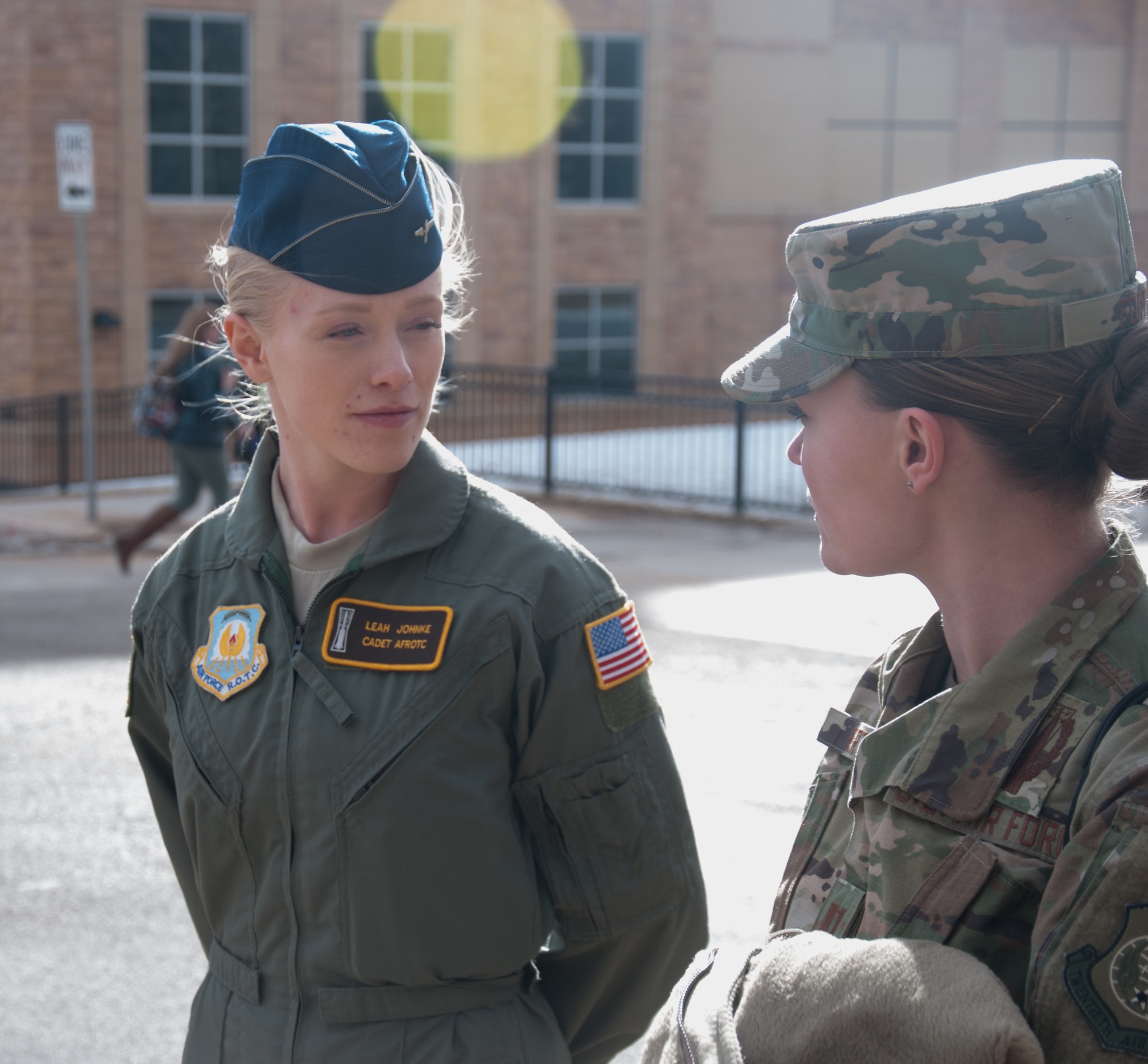 Cadet Leah Johnke speaks to Capt Victoria Fort, 20th Air Force aide de camp, about what it is like to be a missile operator and an officer at Air Force Reserve Officer Training Corps Detachment 940, at the University of Wyoming in Laramie, Wyo., Feb. 13 2019. Johnke is a senior studying at the University of Wyoming and is set to become a missile operator upon commissioning later this year.