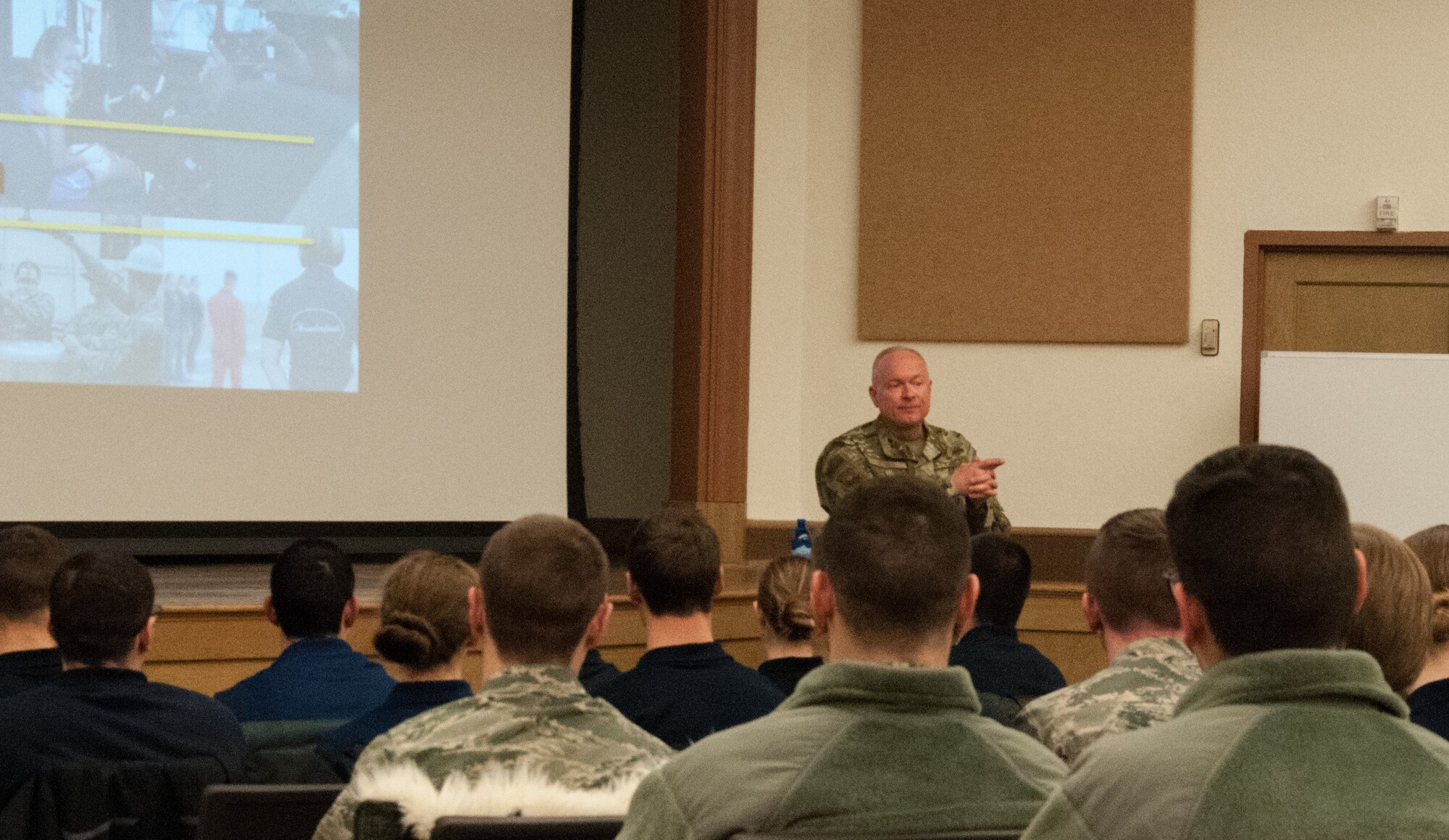 Maj. Gen. Fred Stoss, 20th Air Force commander, speaks to cadets at Air Force Reserve Officer Training Corps Detachment 940, at the University of Wyoming in Laramie, Wyo., Feb. 13 2019. Stoss spoke to cadets about missile operations, the importance of Intercontinental Ballistic Missiles to national security, and answered questions.