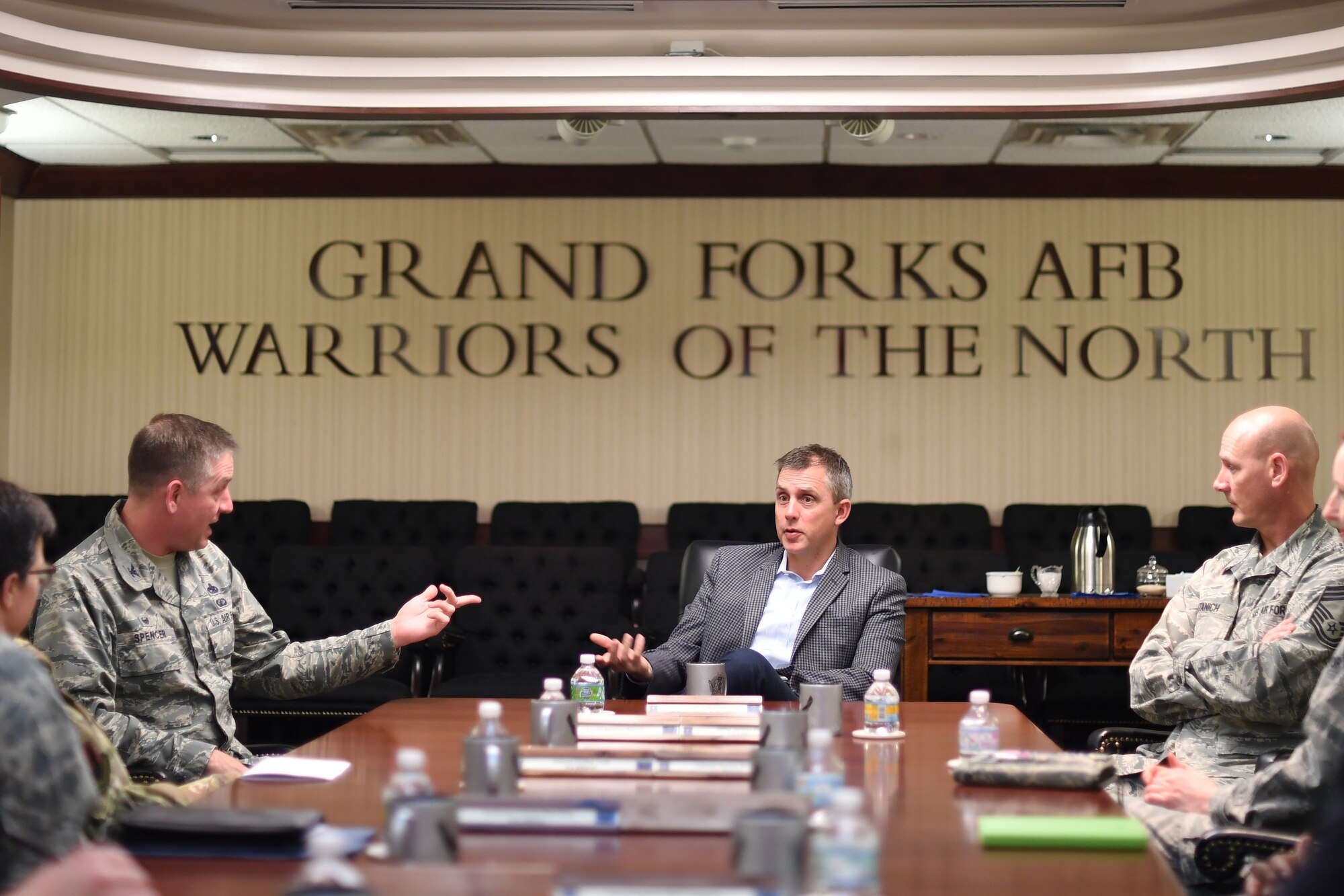 Congressman Kelly Armstrong learns more about the assembly of an RQ-4 Global Hawk aircraft, to include its Rolls Royce engine, February 21, 2019, on Grand Forks Air Force Base, North Dakota. Armstrong’s visit to Grand Forks AFB also included a trip to the 319th Communications Squadron’s High Frequency Global Communication System and the 348th Reconnaissance Squadron’s Global Hawk Operations Center, both of which are year-round 24-hour missions. (U.S. Air Force photo by Senior Airman Elora J. Martinez)