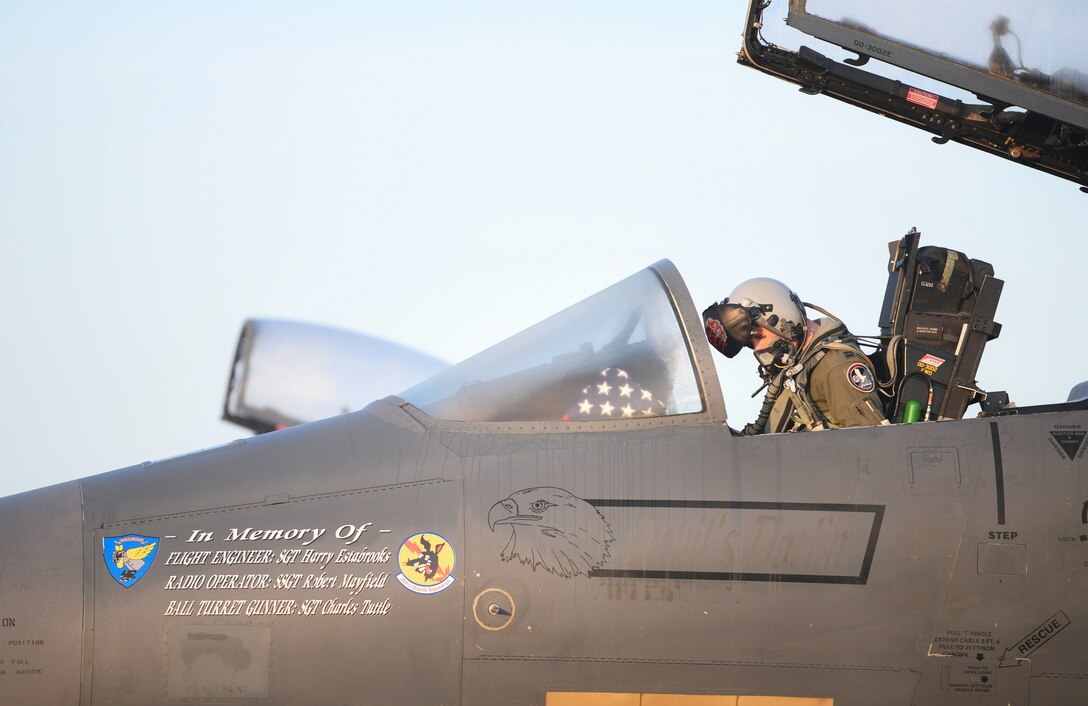 Royal Air Force Lakenheath 494th Fighter Squadron pilots prepare to participate in the MiAmigo 75th anniversary flyover, RAF Lakenheath, England, February 22, 2019. The eight Airmen will fly four F-15E Strike Eagles painted with the names of the men who sacrificed their lives at Endcliffe Park, England in 1944. (U.S. Air Force photo by Airman 1st Class Shanice Williams-Jones)