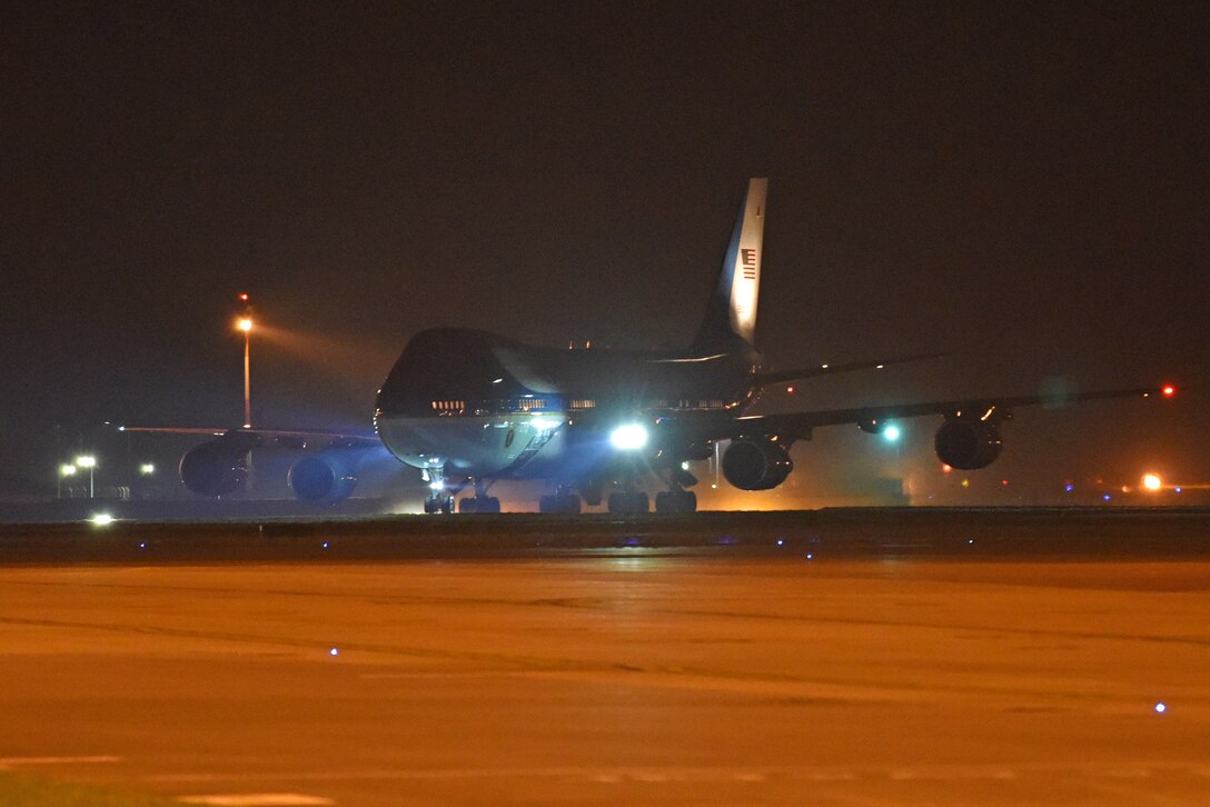 U.S. Air Force One arrives at RAF Mildenhall, England, Feb. 26, 2019. The VC-25, alongside a C-32, known as “Air Force Two” and an E-4B National Airborne Operations Center, landed for refueling and logistical support en route to Hanoi, the capital city of Vietnam, for President Donald J. Trump’s second summit with North Korean leader Kim-Jong Un. (U.S. Air Force photo by Airman 1st Class Brandon Esau)