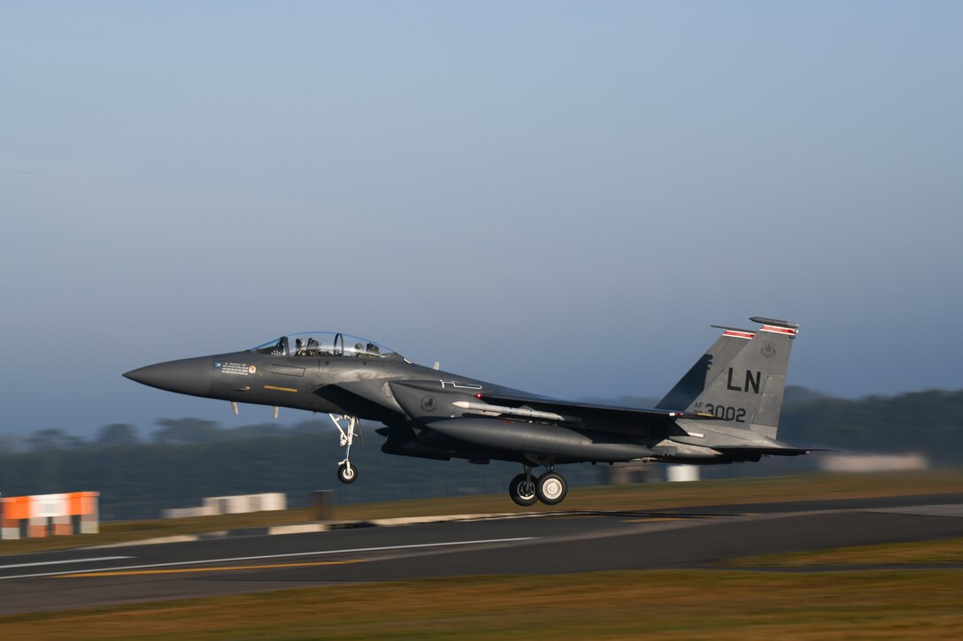 Royal Air Force Lakenheath 494th Fighter Squadron pilots prepare to participate in the MiAmigo 75th anniversary flyover, RAF Lakenheath, England, February 22, 2019. The eight Airmen will fly four F-15E Strike Eagles painted with the names of the men who sacrificed their lives at Endcliffe Park, England in 1944. (U.S. Air Force photo by Airman 1st Class Shanice Williams-Jones)