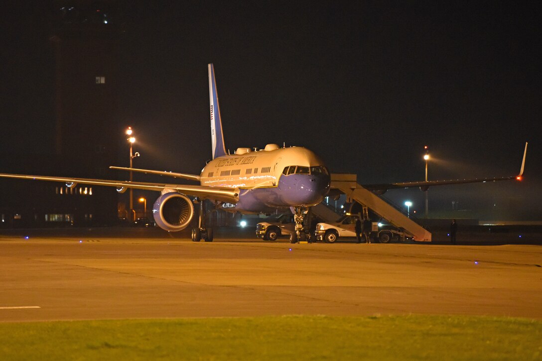 A Boeing C-32, known as “Air Force Two” receives fuel during a stop at RAF Mildenhall, England, Feb. 26, 2019. Along with Air Force One and an E-4B National Airborne Operations Center, the aircraft were in route to Hanoi, the capital city of Vietnam, for President Donald J. Trump’s second summit with North Korean leader Kim Jong-Un. (U.S. Air Force photo by Airman 1st Class Brandon Esau)