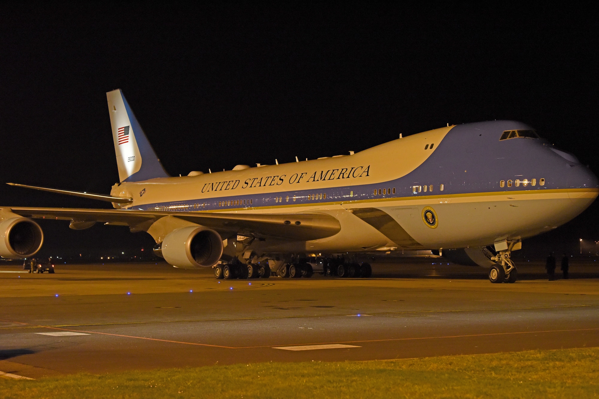 Air Force One prepares to depart from RAF Mildenhall, England, Feb. 26, 2019. Air Force One, carrying President Donald J. Trump and a contingency of White House officials and media members, received fuel and logistical support before continuing on the journey to Hanoi, the capital city of Vietnam, for the president’s second summit North Korean leader Kim-Jong Un. (U.S. Air Force photo by Airman 1st Class Brandon Esau)