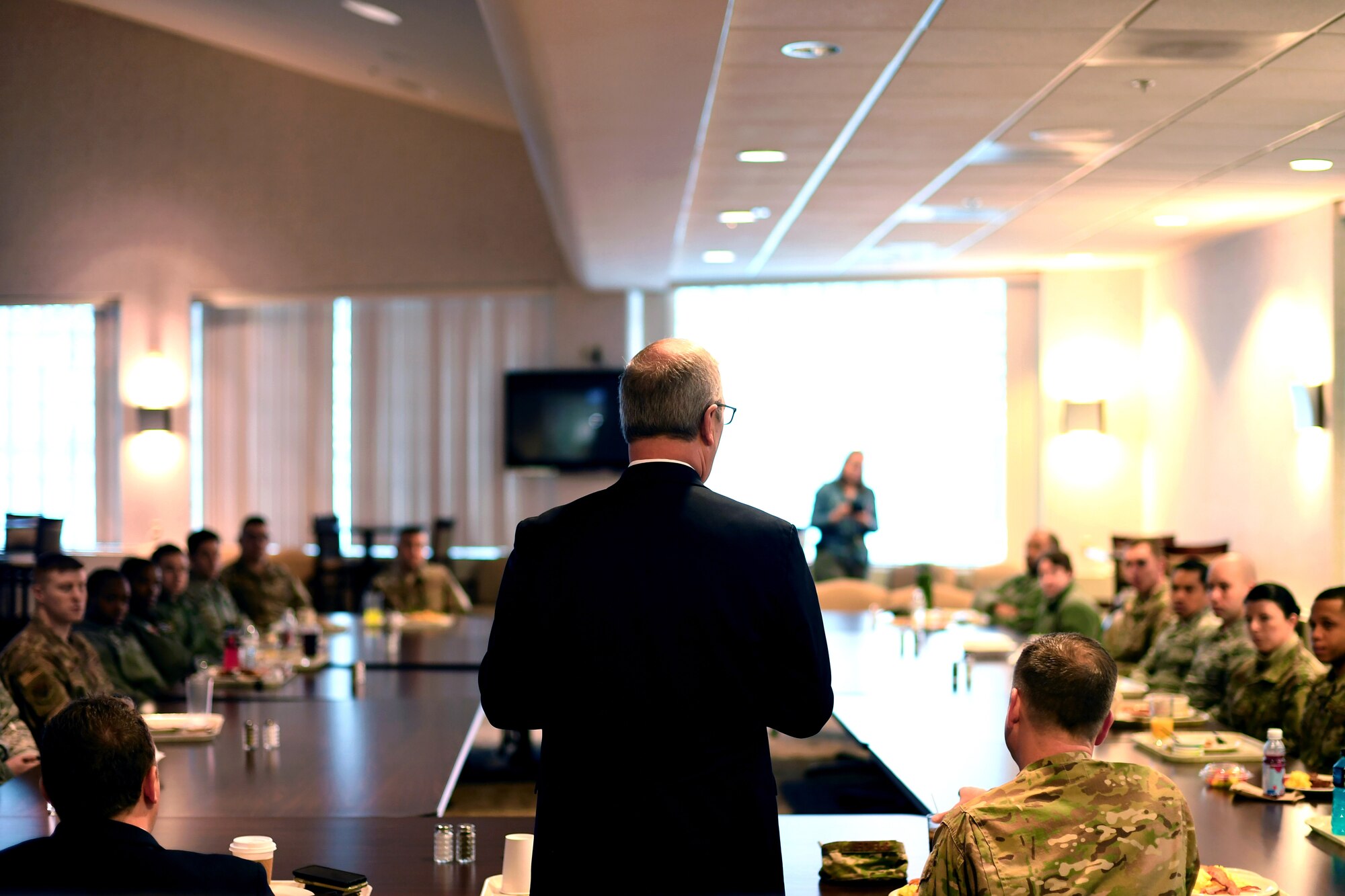 Senator Kevin Cramer stands beside Col. Benjamin Spencer, 319th Air Base Wing commander, right, during a breakfast with Airmen February 22, 2019, on Grand Forks Air Force Base, North Dakota. The Airmen who attended the event got the chance to learn more about Cramer and ask him questions regarding his upcoming priorities for policies. (U.S. Air Force photo by Senior Airman Elora J. Martinez)