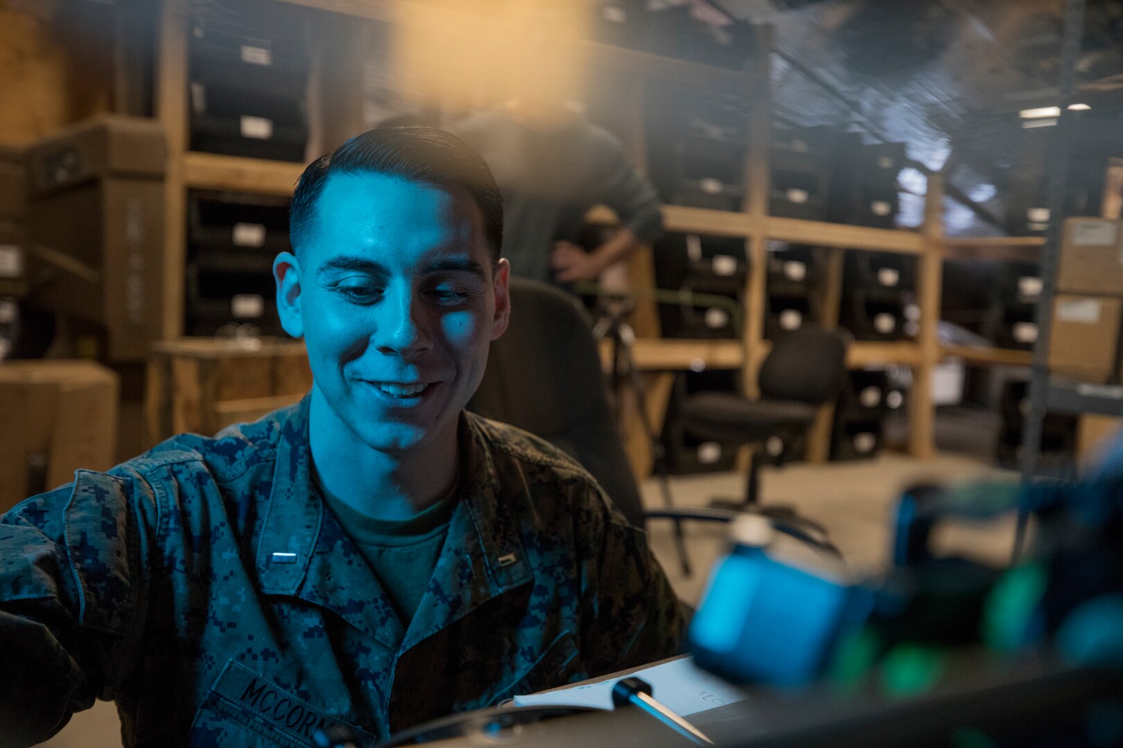 U.S. Marine Corps 1st Lt. Ryan McCormic, the motor transport officer with 2nd Battalion, 7th Marine Regiment, 1st Marine Division, showcases 3D printing capabilities at Marine Corps Air Ground Combat Center, Twentynine Palms, Calif., Feb. 19, 2018.