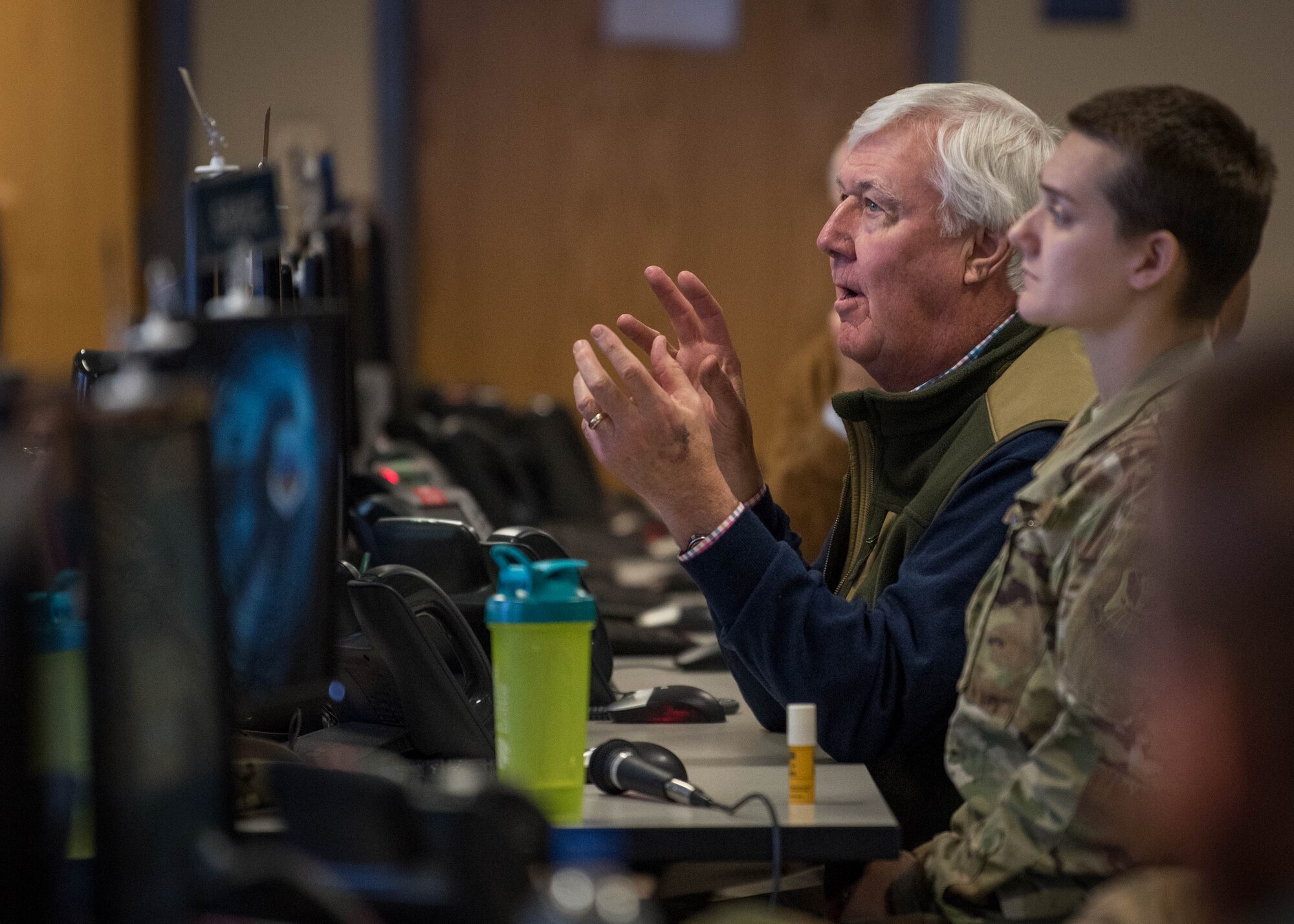 Steve Creech, Sumter Military Affairs Committee chairman, participates in a question and answer session after viewing a demonstration at the 609th Air Operations Center Detachment 1 on Shaw Air Force Base, S.C., Jan. 25, 2019.