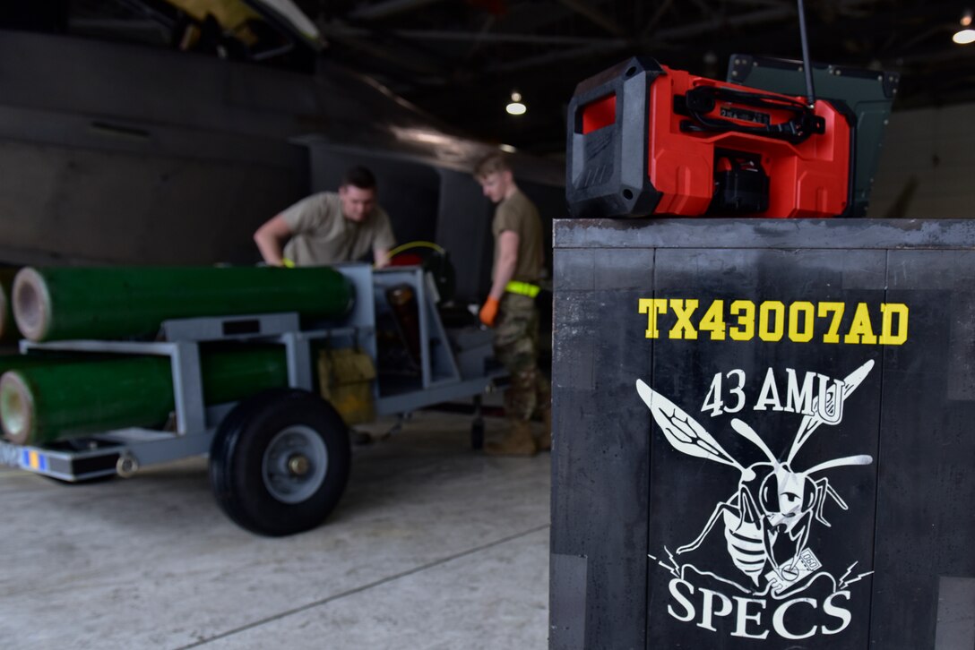 Airmen from the 325th Maintenance Squadron assigned to Tyndall Air Force Base, Fla., prepare their equipment prior to completing routine maintenance on an F-22 Raptor at Eglin AFB, Fla., Feb. 21, 2019. Several Tyndall F-22’s were evacuated to Eglin AFB hangars where their dedicated crews maintain them until Tyndall hangars are restored. (U.S. Air Force photo by Staff Sgt. Alexandre Montes)