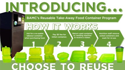 The Brooke Army Medical Center Department of Nutritional Medicine is implementing a new reusable container option at the dining areas throughout the hospital. Patrons now can choose to use a reusable plastic container when getting food at a dining area within the hospital. The containers can hold anything from classic fare meals to soup, salad or pizza.