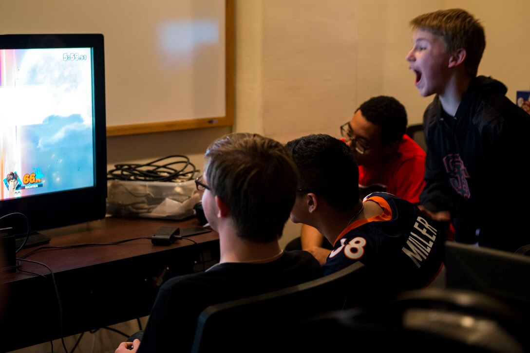 Guests participate in a video game tournament during Cub Con II, a multi-genre entertainment convention, Feb. 23, 2019, at Moody Air Force Base, Ga. At the convention, guests were able to participate in board and card games, a video game tournament and a “Star Wars” panel. The event served as an opportunity to give Team Moody a chance to experience the anime and comic book culture. (U.S. Air Force photo by Airman 1st Class Erick Requadt)