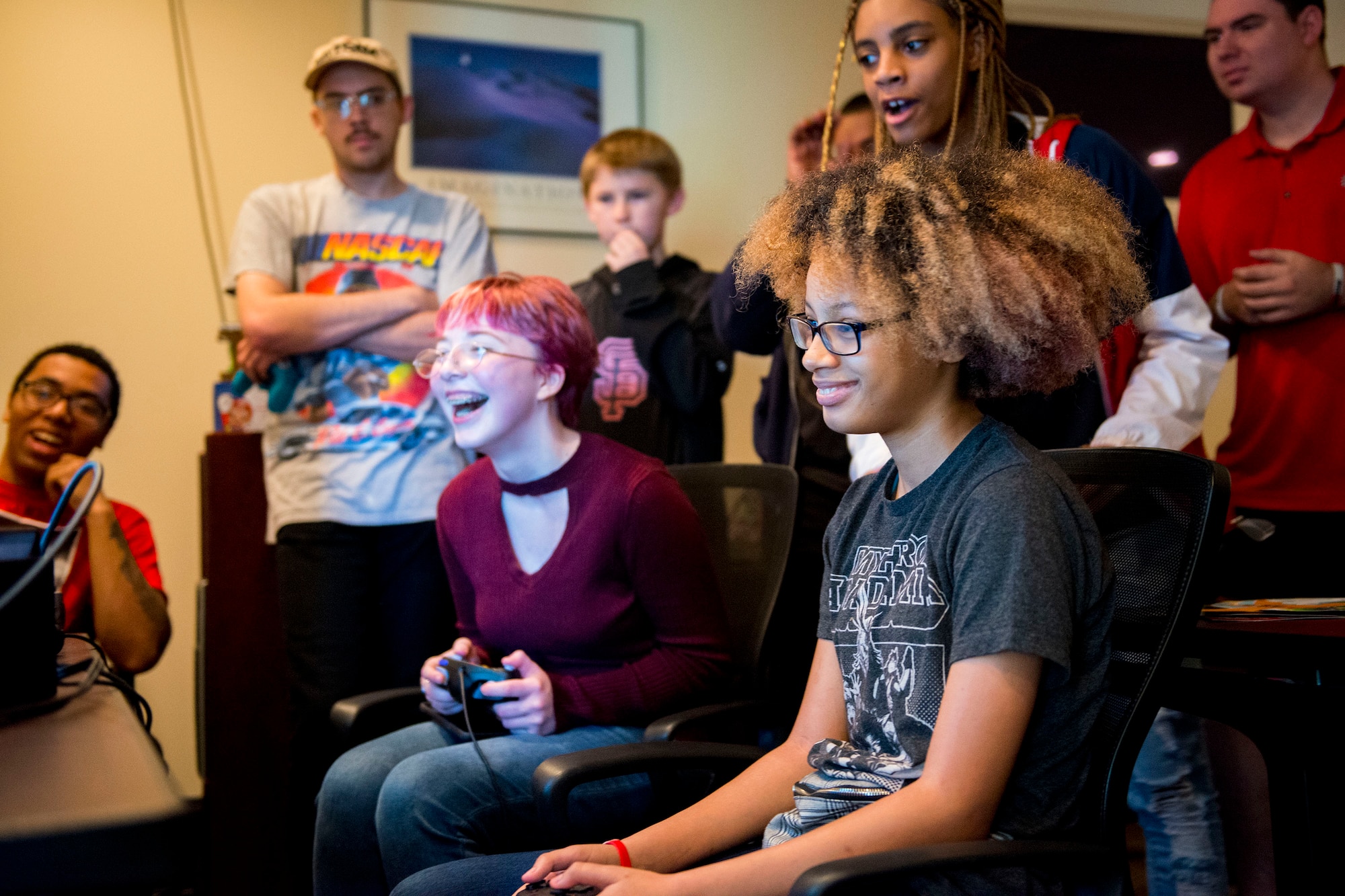 Guests participate in a video game tournament during Cub Con II, a multi-genre entertainment convention, Feb. 23, 2019, at Moody Air Force Base, Ga. At the convention, guests were able to participate in board and card games, a video game tournament and a “Star Wars” panel. The event served as an opportunity to give Team Moody a chance to experience the anime and comic book culture. (U.S. Air Force photo by Airman 1st Class Erick Requadt)