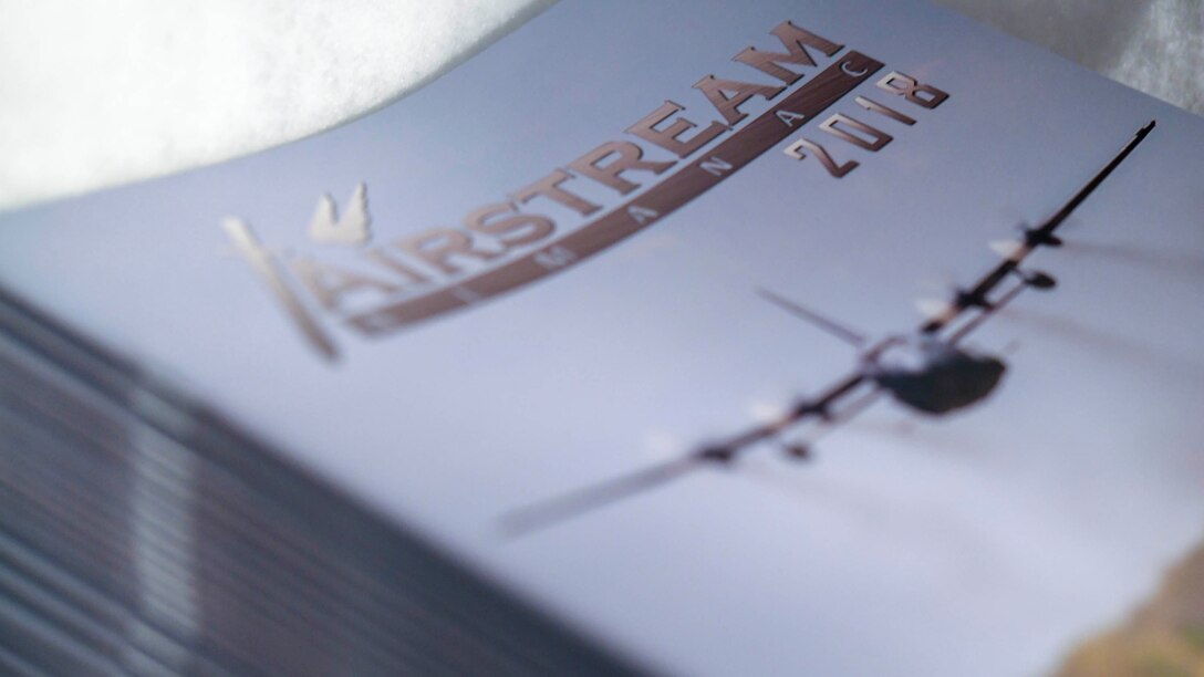 A stack of 2018 Airstream Almanac magazines awaits distribution in the public affairs office at Youngstown Air Reserve Station, Feb. 26, 2019.