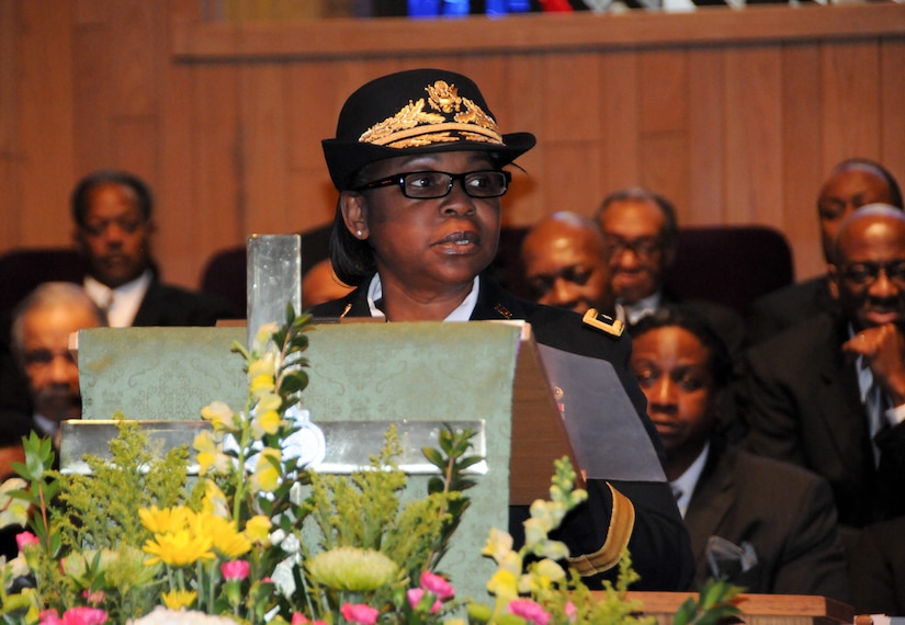 Brig. Gen. Twanda E. Young, deputy commanding general of the U.S. Army’s Human Resources Command, delivers remarks during a Feb. 24 ceremony held at Fountain Baptist Church in Summit, New Jersey, to recognize U.S. Army Air Forces Capt. Lawrence E. Dickson’s military service. Dickson was a Tuskegee Airman declared missing in action after his plane crashed in Europe in December 1944. Dickson’s remains were identified in November 2018 using the latest DNA tests, making him the first to be identified out of more than two-dozen Tuskegee Airmen declared MIA during World War II.
