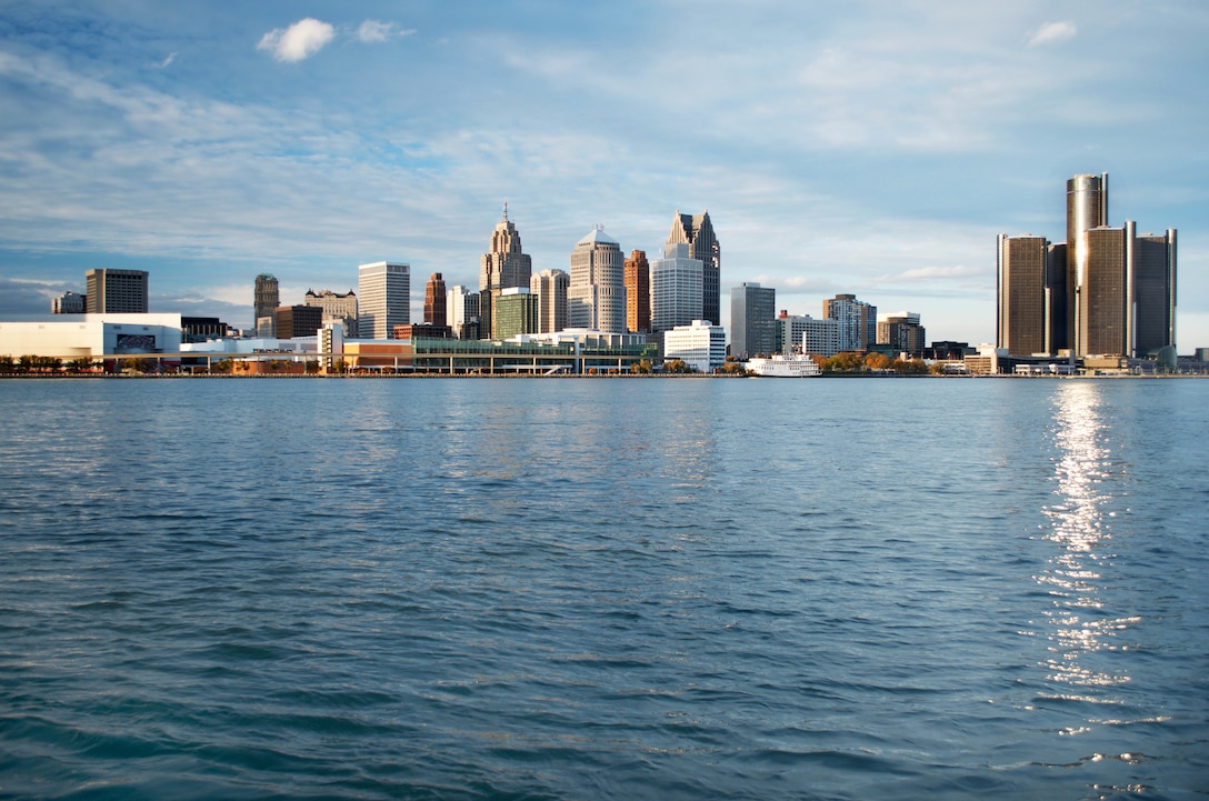 Daytime shot from across the Detroit River taken from Canada of the Detroit Skyline.