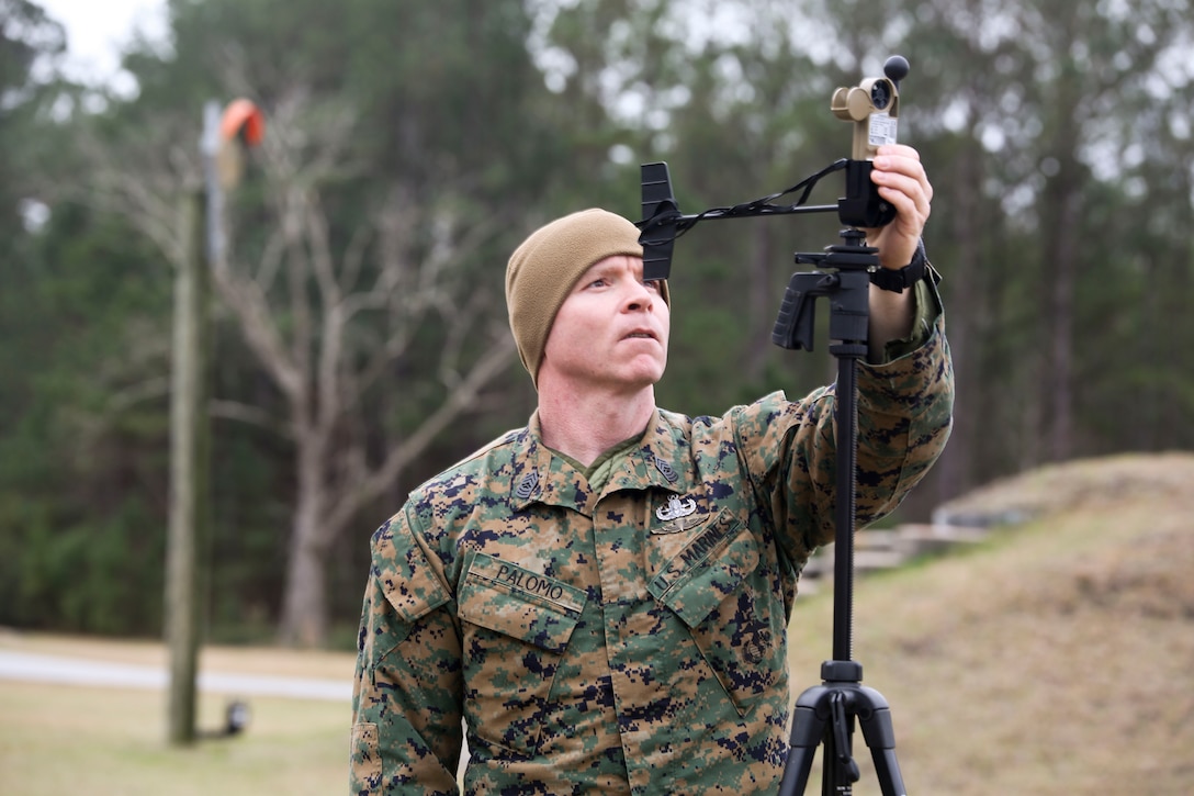 Master Sgt. Tony Palomo checks a weather vane on the Explosive Ordnance Disposal range aboard Marine Corps Air Station Beaufort, Feb. 19. Palomo is the Staff Non-commissioned officer in charge of Marine Wing Support Squadron 273 EOD.