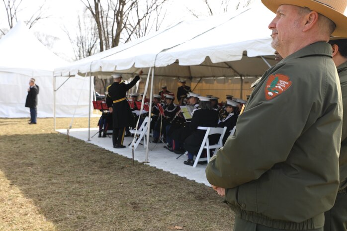 On Feb. 26, 2019, the U.S. Marine Band participated in the National Desert Storm and Desert Shield Memorial site dedication ceremony, located on the National Mall. Speakers included the former Vice President of the United States, Dick Cheney; Scott Stump, President and CEO of National Desert Storm War Memorial Association; Congressman Phil Roe, M.D. (R-Tenn.), Lieutenant Governor Jenean Hampton (R-Ky.), General Charles Albert “Chuck” Horner, USAF, (ret.); The Honorable Edward “Skip” Gnehm, Ambassador of the United States of America to Kuwait (1991); His Excellency Abdullah Al-Jaber Al-Sabah, the Ambassador of the State of Kuwait. (U.S. Marine Corps photo by Master Sgt. Amanda Simmons/released) More info about the site: http://www.ndswm.org/