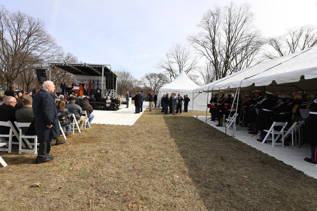 On Feb. 26, 2019, the U.S. Marine Band participated in the National Desert Storm and Desert Shield Memorial site dedication ceremony, located on the National Mall. Speakers included the former Vice President of the United States, Dick Cheney; Scott Stump, President and CEO of National Desert Storm War Memorial Association; Congressman Phil Roe, M.D. (R-Tenn.), Lieutenant Governor Jenean Hampton (R-Ky.), General Charles Albert “Chuck” Horner, USAF, (ret.); The Honorable Edward “Skip” Gnehm, Ambassador of the United States of America to Kuwait (1991); His Excellency Abdullah Al-Jaber Al-Sabah, the Ambassador of the State of Kuwait. (U.S. Marine Corps photo by Master Sgt. Amanda Simmons/released) More info about the site: http://www.ndswm.org/