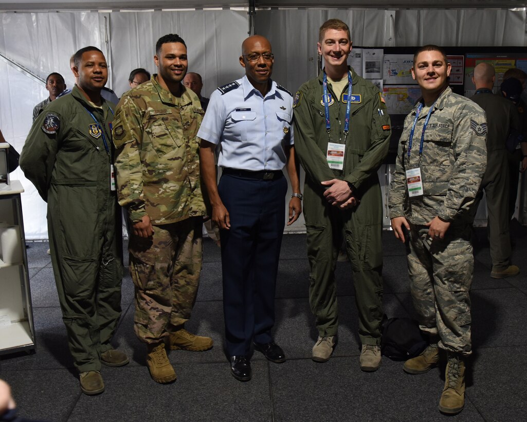 U.S. Air Force Gen. CQ Brown, Jr., Pacific Air Forces commander, poses for a photo with a group of Airmen at Geelong, Victoria, Australia, Feb. 26, 2019.