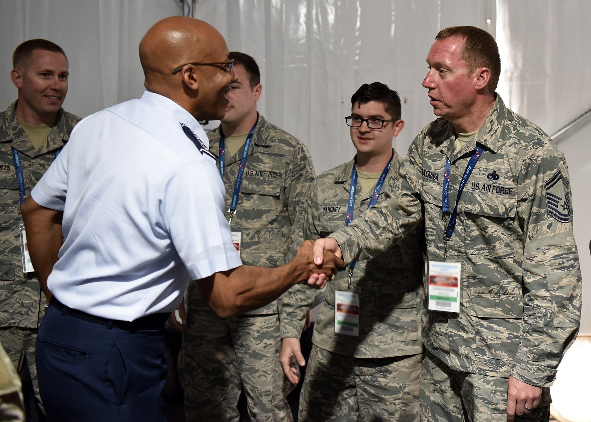 U.S. Air Force Gen. CQ Brown, Pacific Air Forces commander, speaks to Airmen participating in the 2019 Australian International Aerospace & Defence Exposition and Airshow at Geelong, Victoria, Australia, Feb. 26, 2019.