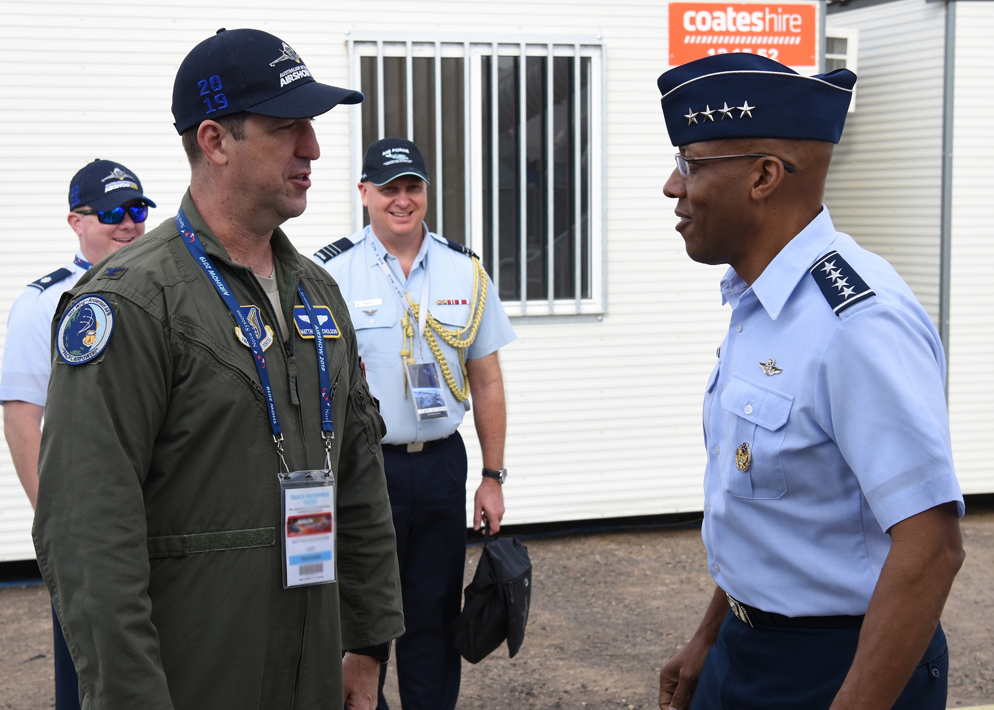 U.S. Air Force Col. Matthew Nicholson, 2019 Australian International Aerospace & Defence Exposition and Airshow (AVALON 19) USAF mission commander, welcomes Gen. CQ Brown, Jr., Pacific Air Forces commander, to AVALON 19 at Geelong, Victoria, Australia, Feb. 26, 2019.